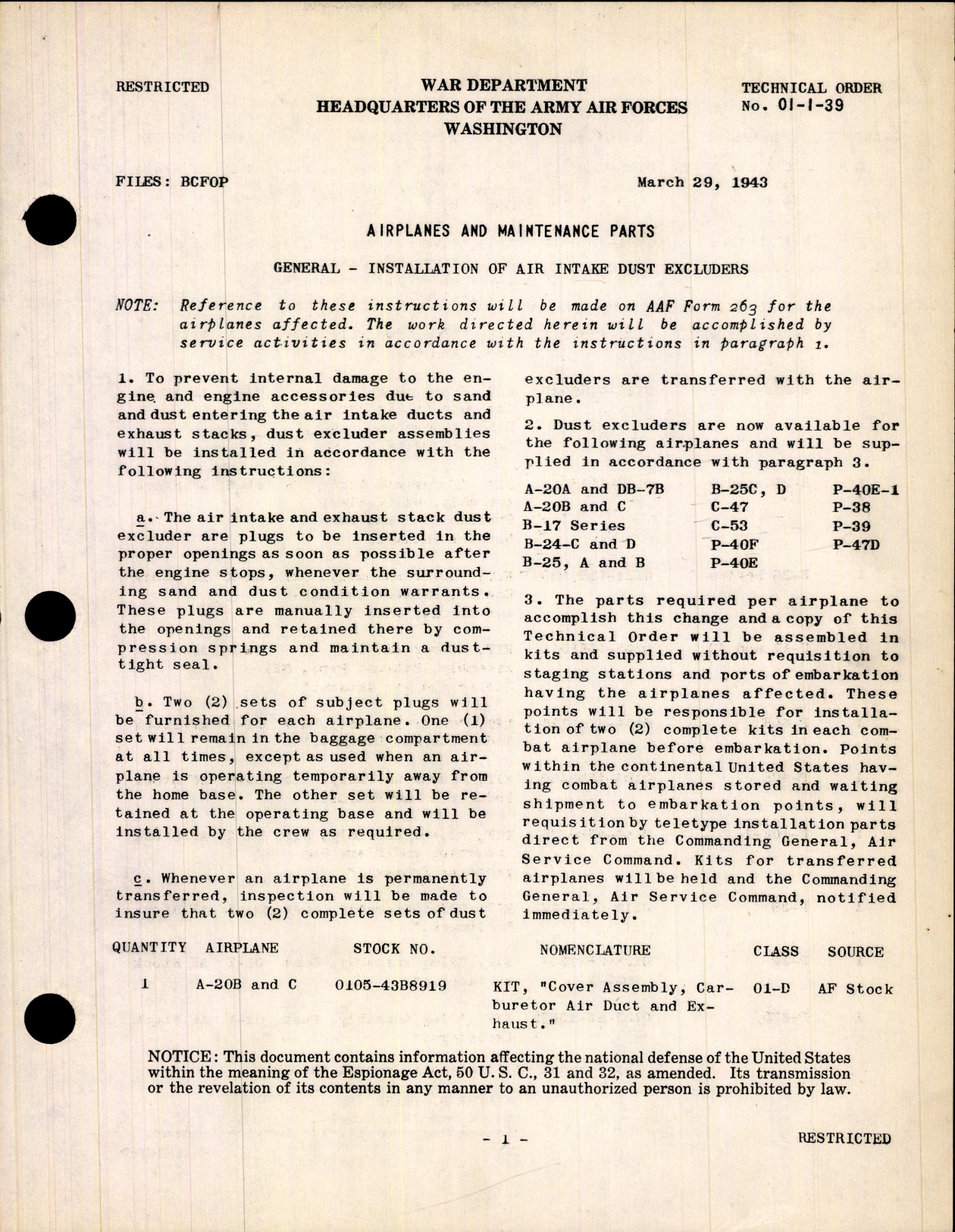 Sample page 1 from AirCorps Library document: Airplanes and Maintenance Parts for Installation of Air Intake Dust Excluders