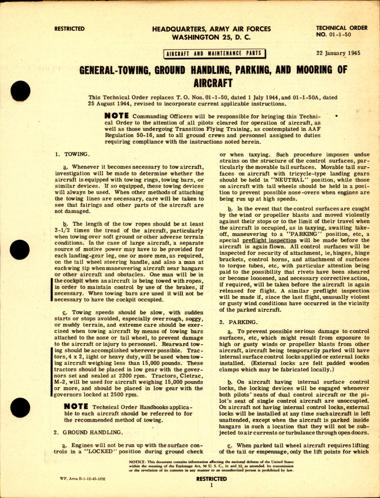 Sample page 1 from AirCorps Library document: Aircraft and Maintenance Parts for General-Towing, Ground Handling, Parking, and Mooring of Aircraft