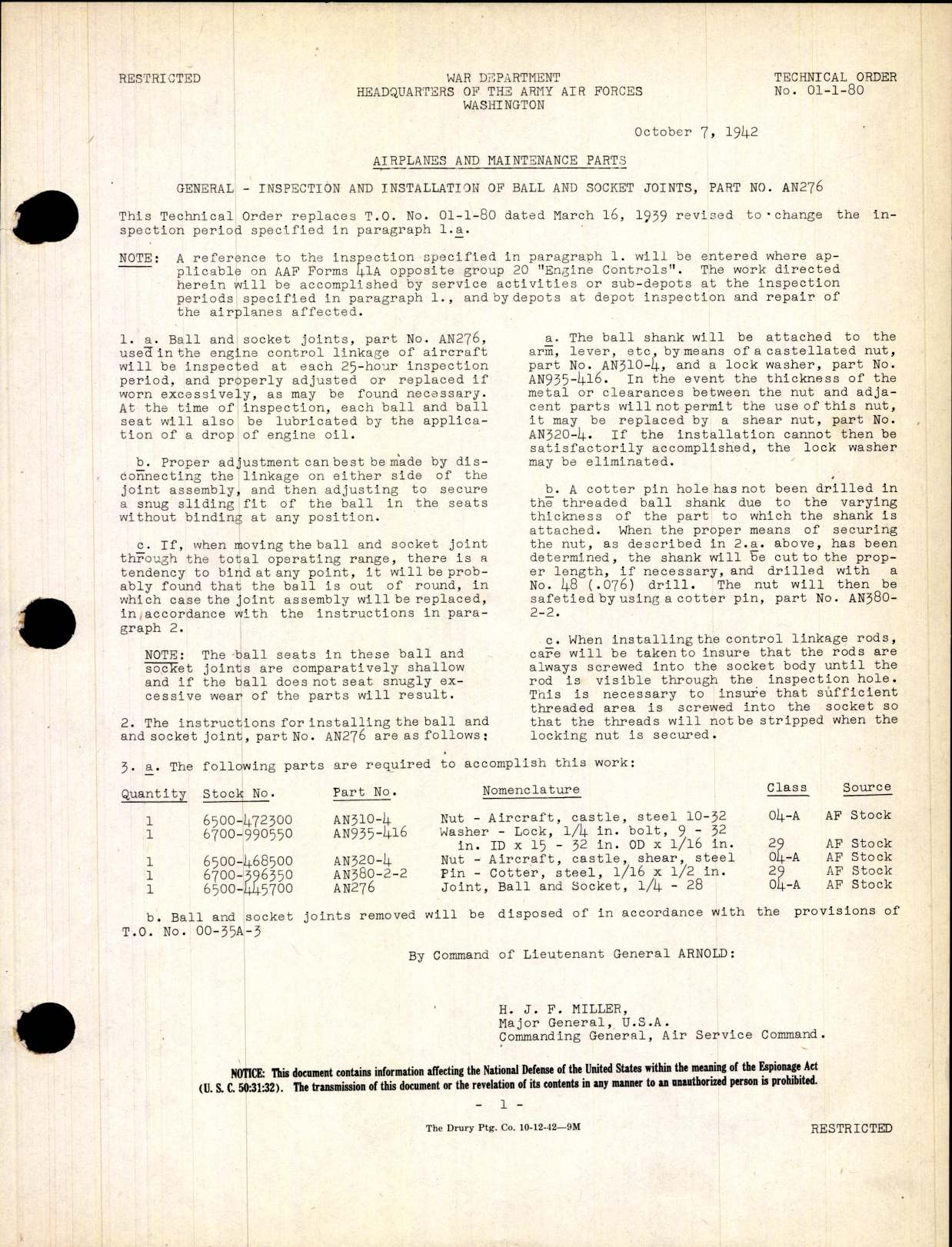 Sample page 1 from AirCorps Library document: Airplanes and Maintenance Parts for Inspection and Installation of Ball and Socket Joints, Part No. AN276