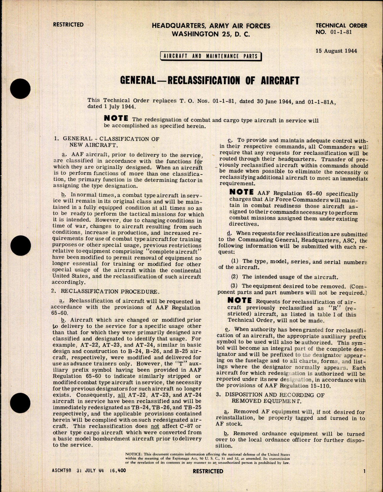 Sample page 1 from AirCorps Library document: Aircraft and Maintenance Parts; Reclassification of Aircraft
