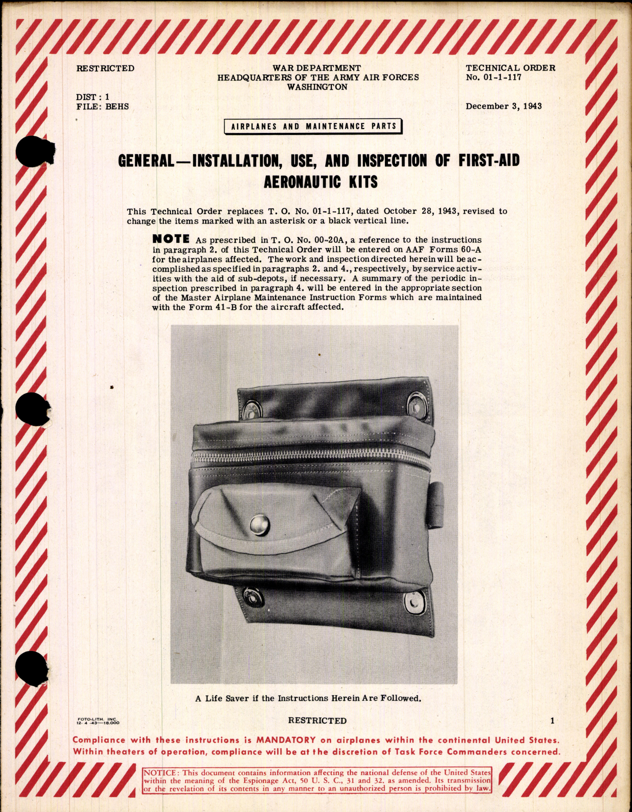 Sample page 1 from AirCorps Library document: Airplanes and Maintenance Parts; Installation, Use, and Inspection of First-Aid Aeronautic Kits