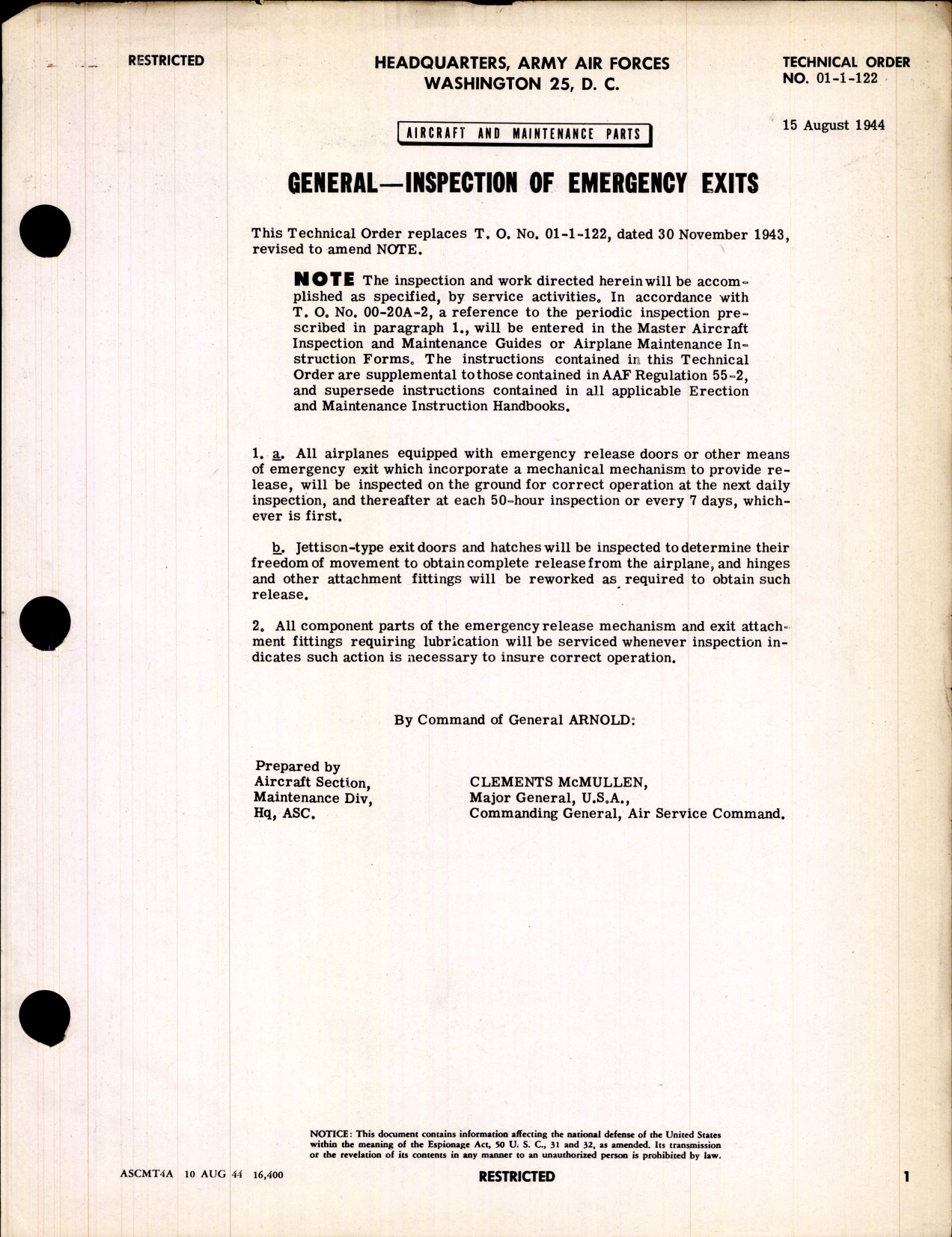 Sample page 1 from AirCorps Library document: Aircraft and Maintenance Parts; Installation of Emergency Exits