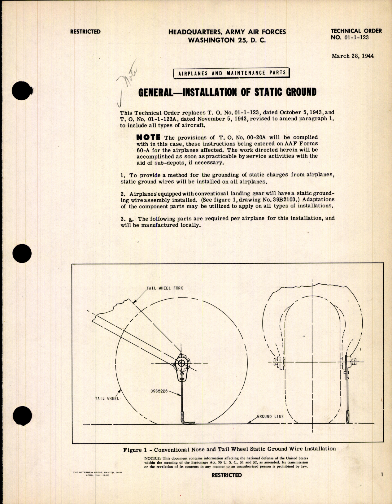 Sample page 1 from AirCorps Library document: Airplanes and Maintenance Parts; Installation of Static Ground