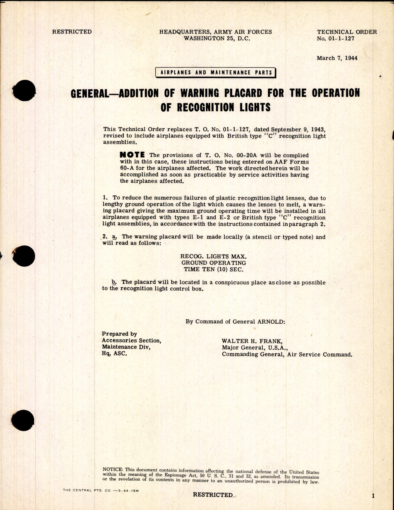 Sample page 1 from AirCorps Library document: Airplanes and Maintenance Parts; Addition of Warning Placard for the Operation of Recognition Lights