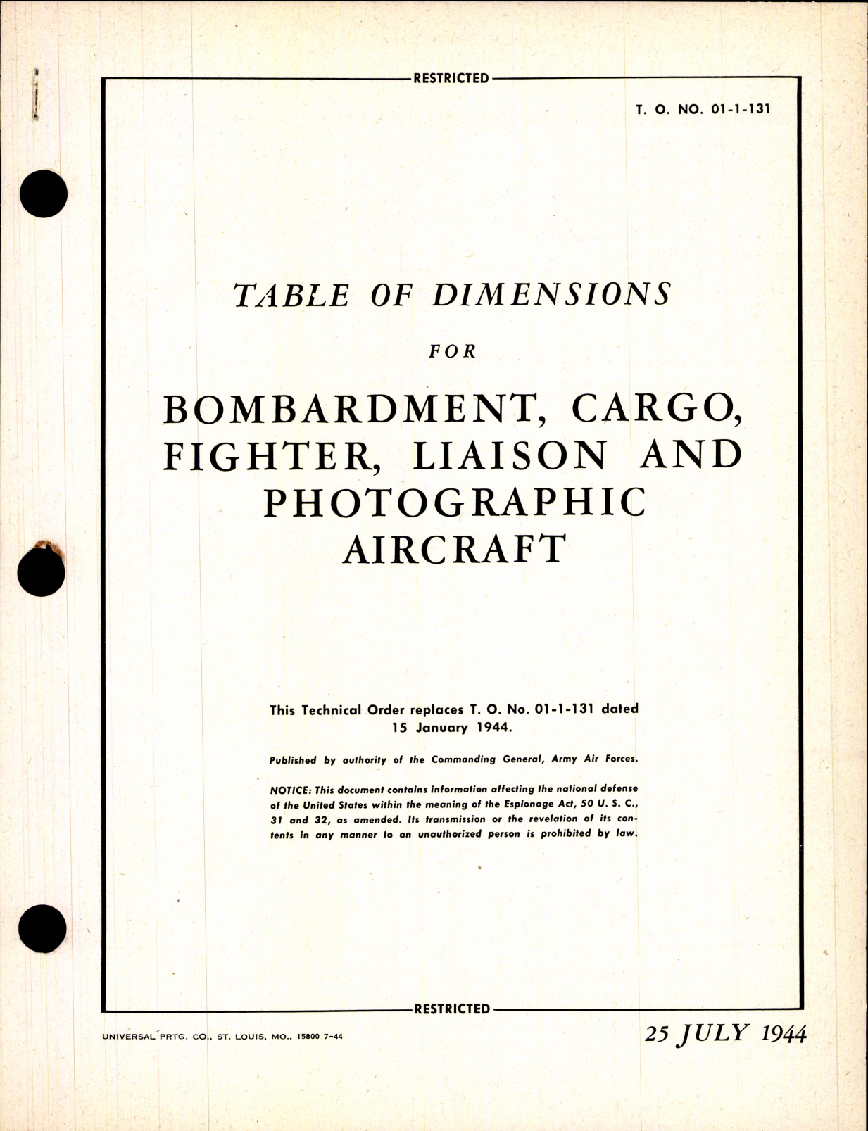 Sample page 1 from AirCorps Library document: Table of Dimensions for Bombardment, Cargo, fighter, Liaison and Photographic Aircraft