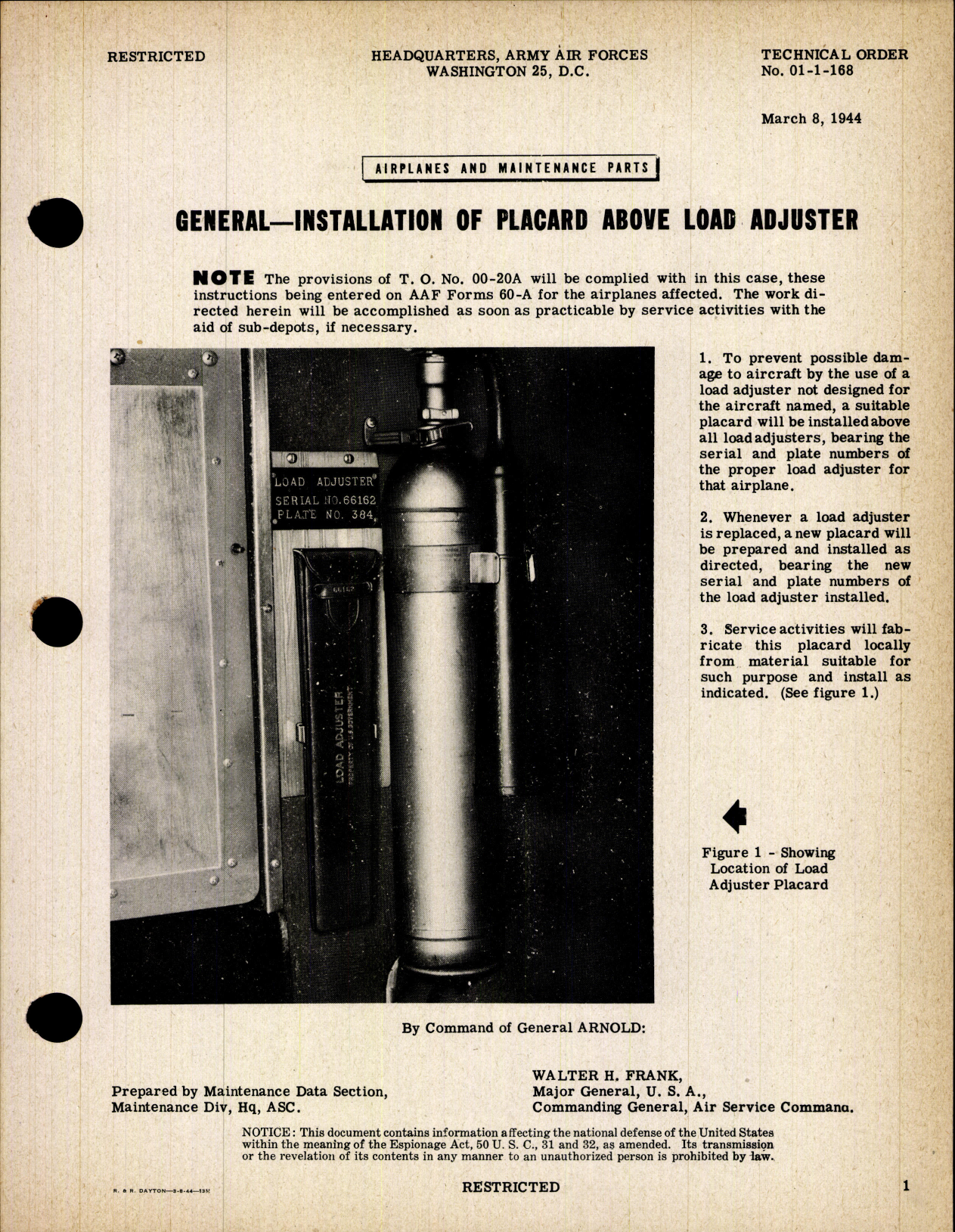Sample page 1 from AirCorps Library document: Airplane and Maintenance Parts; Installation of Placard Above Load Adjuster