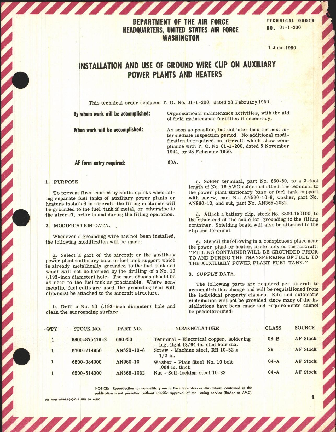 Sample page 1 from AirCorps Library document: Installation and Use of Ground Wire Clip on Auxiliary Power Plants and Heaters