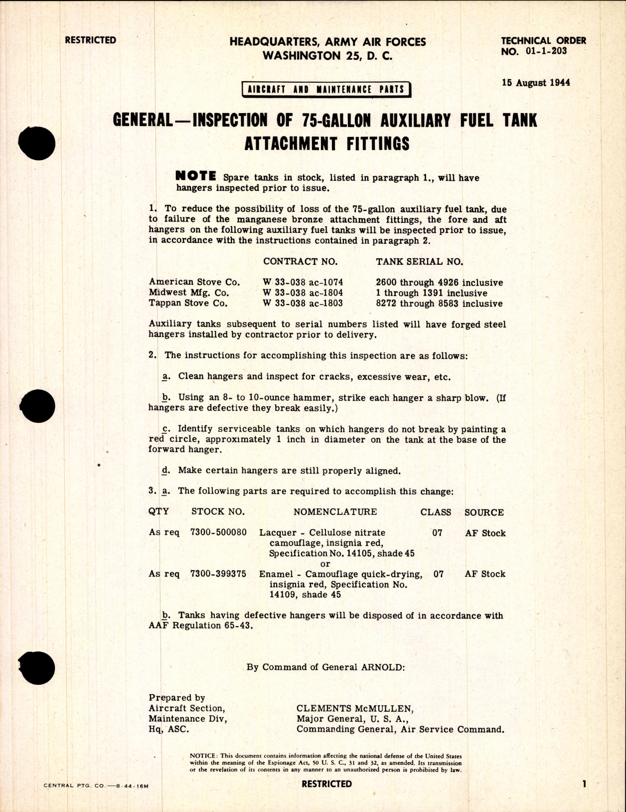 Sample page 1 from AirCorps Library document: Aircraft and Maintenance Parts; Inspection of 75 Gallon Auxiliary Fuel Tank Attachment Fittings