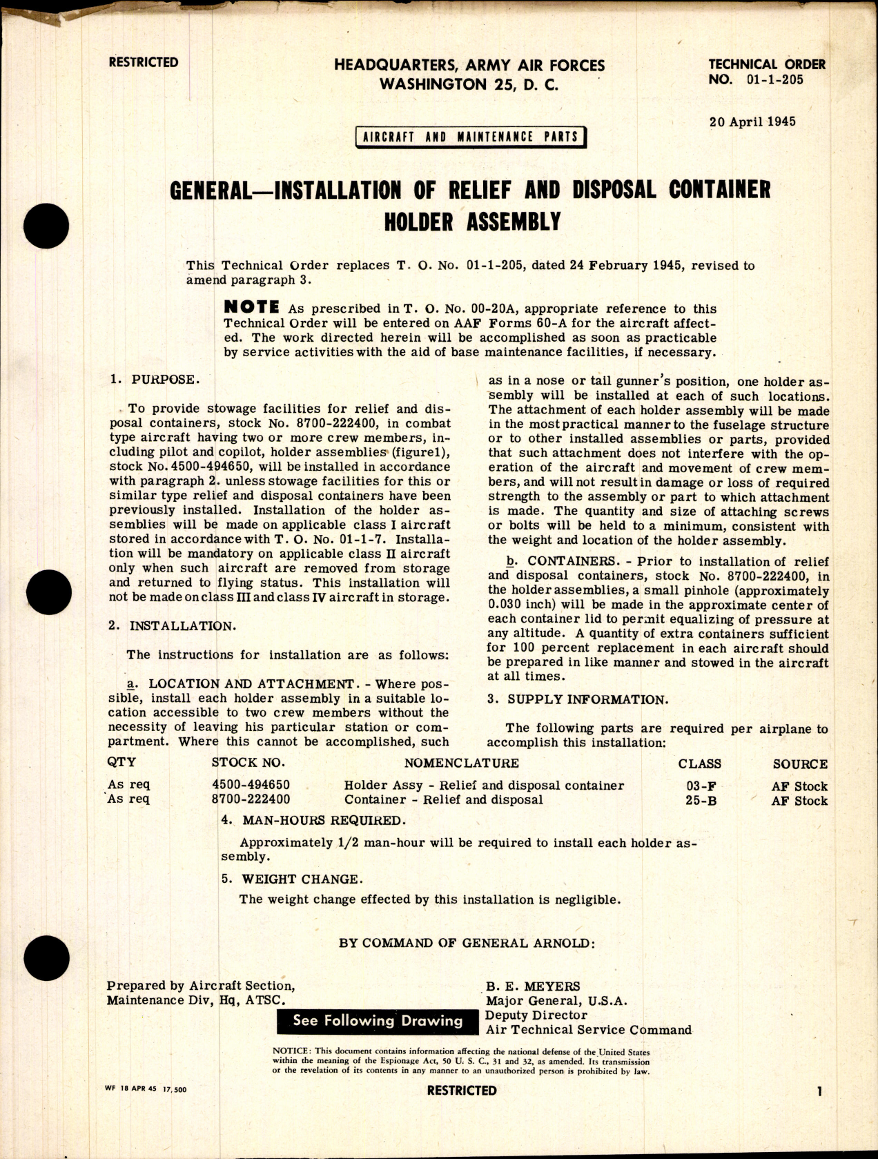 Sample page 1 from AirCorps Library document: Aircraft and Maintenance Parts; Installation of Relief and Disposal Container Holder Assembly