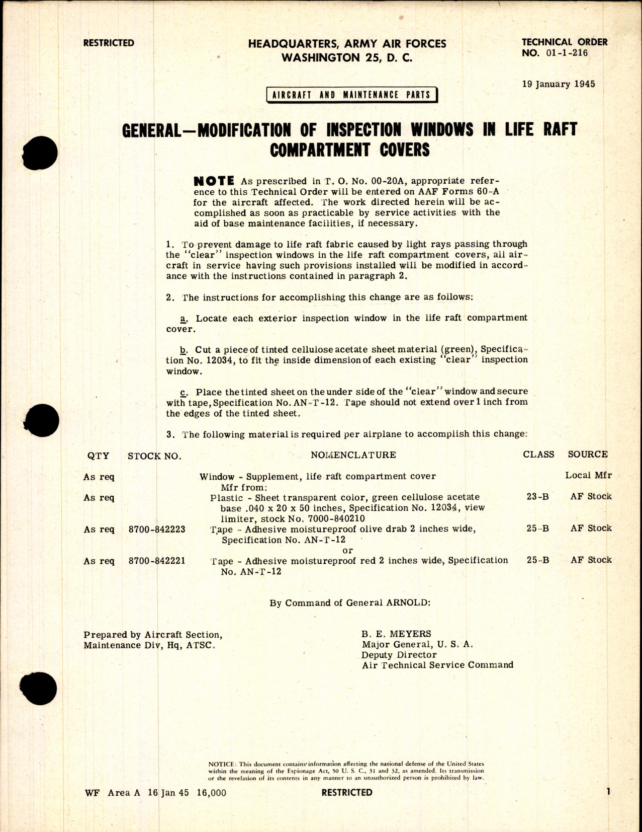 Sample page 1 from AirCorps Library document: Aircraft and Maintenance Parts; Modification of Inspection Windows in Life Raft Compartment