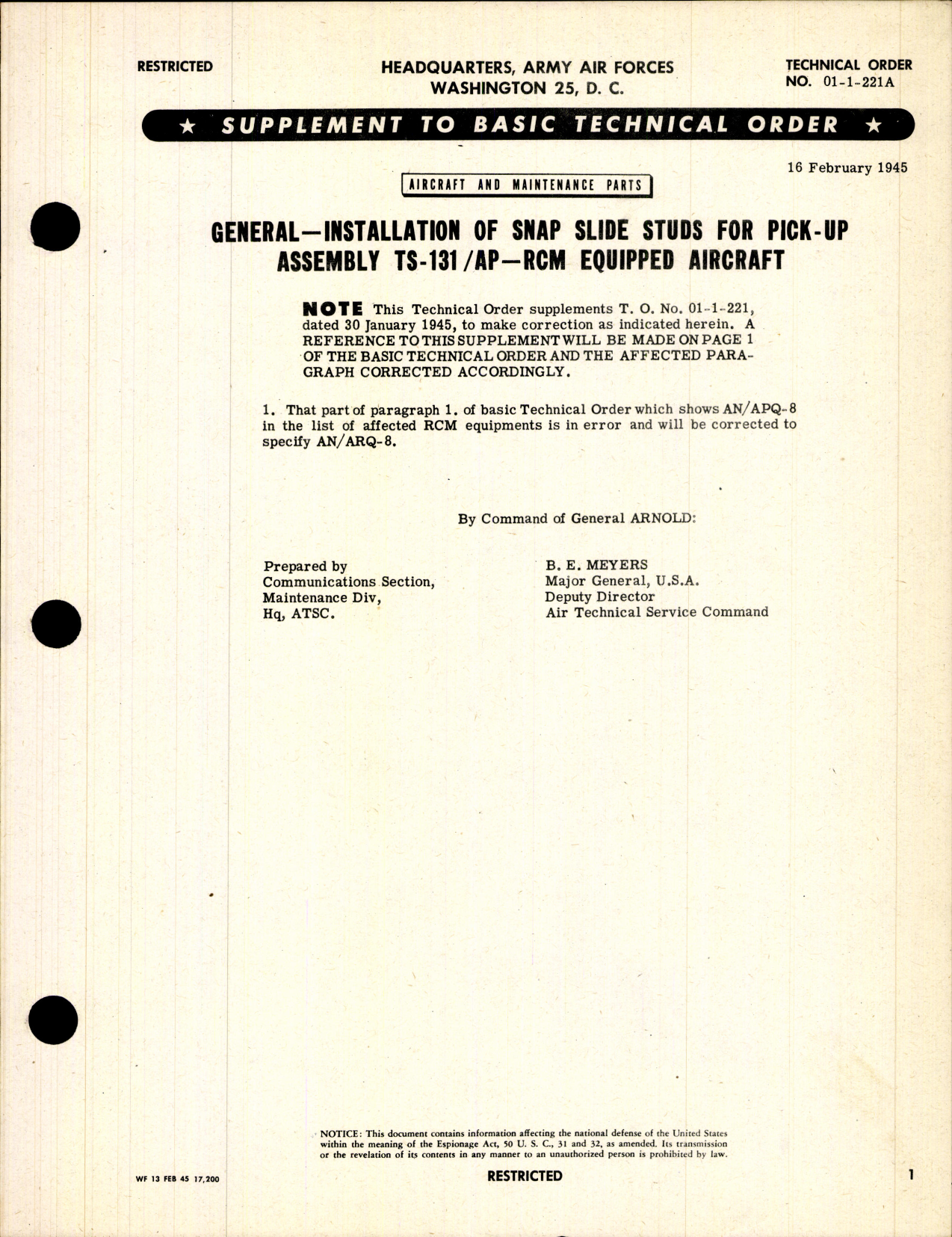 Sample page 1 from AirCorps Library document: Aircraft and Maintenance Parts; Installation of Snap Slide Studs for Pick-Up Assembly TS=131/AP-RCM Equipped Aircraft