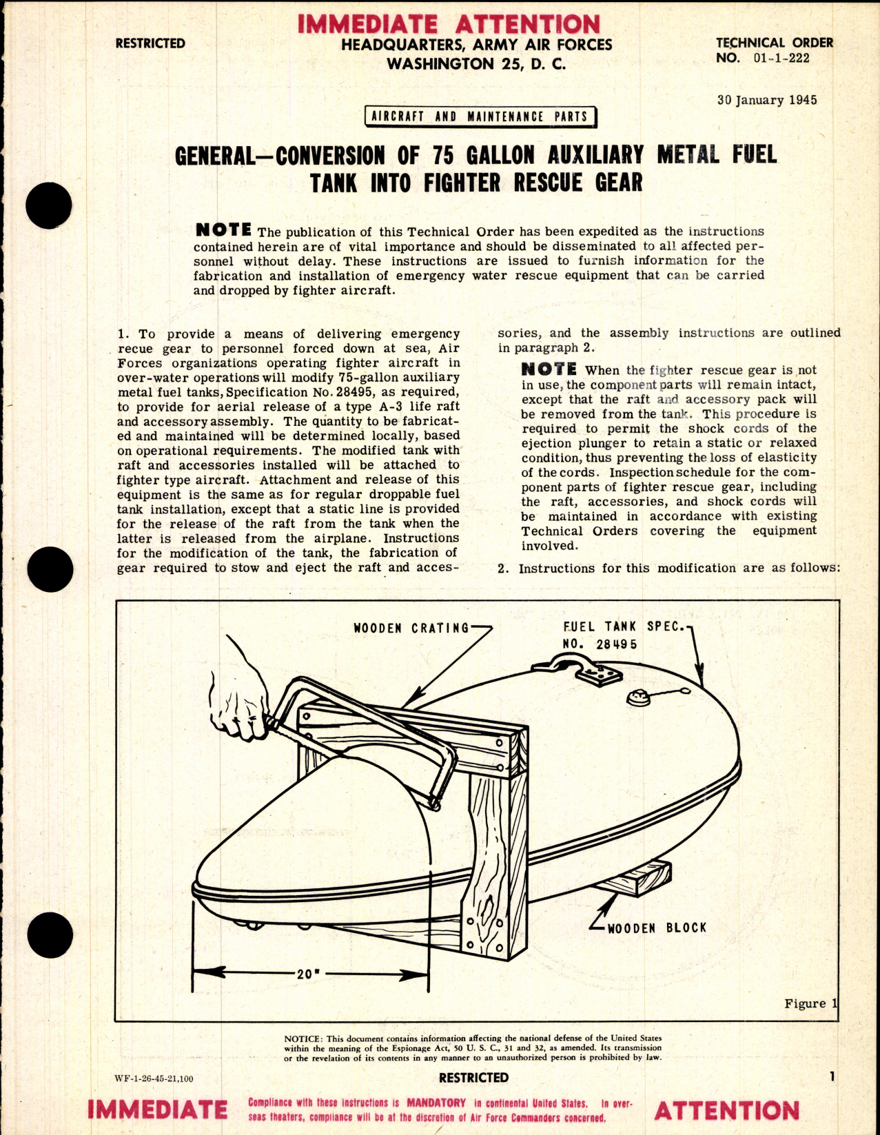 Sample page 1 from AirCorps Library document: Aircraft and Maintenance Parts; Conversion of 75 Gallon Auxiliary Metal Fuel Tank into fighter Rescue Gear