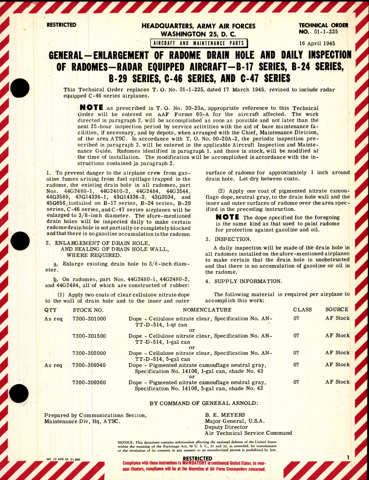 Sample page 1 from AirCorps Library document: Aircraft and Maintenance Parts; Enlargement of Radome Drain Hole and Daily Inspection of Radomes-Radar Equipped Aircraft
