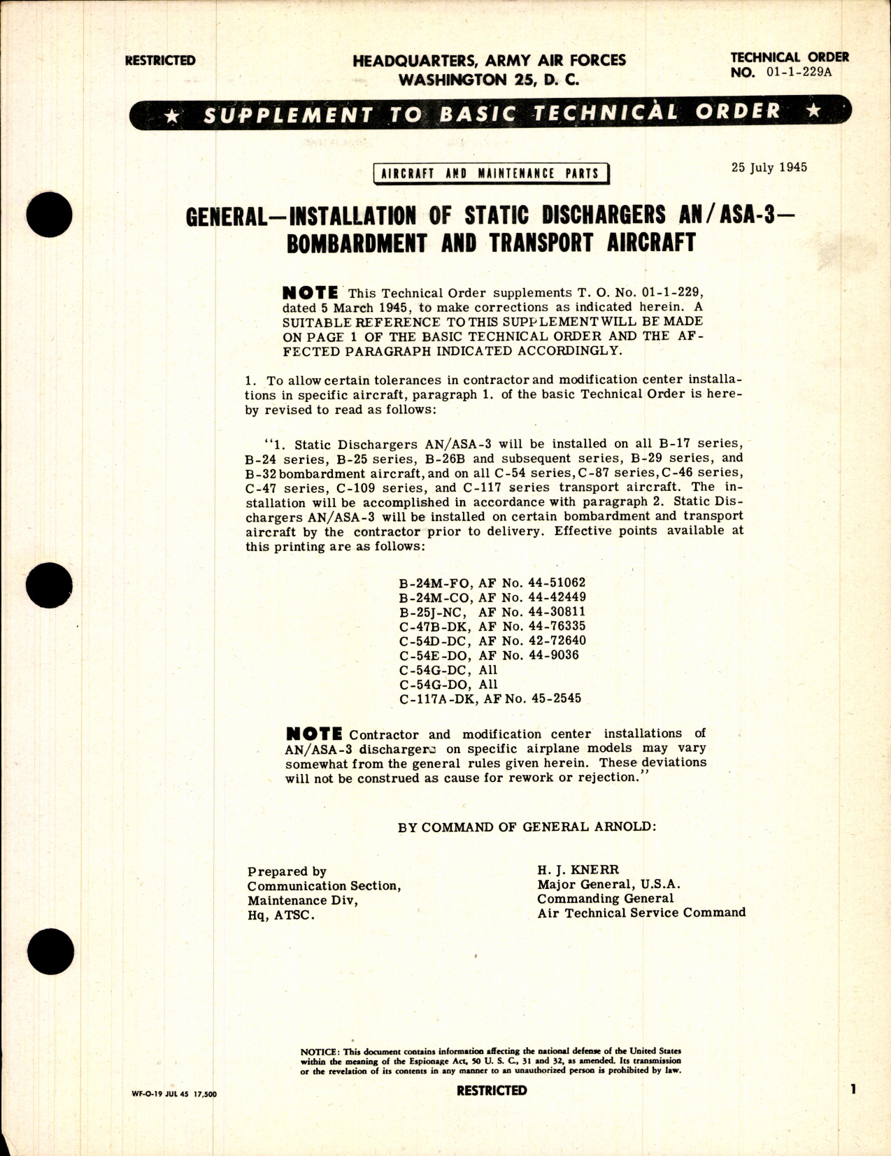 Sample page 1 from AirCorps Library document: Aircraft and Maintenance Parts; Installation of Static Dischargers AN/ASA-13 Bombardment and Transport Aircraft