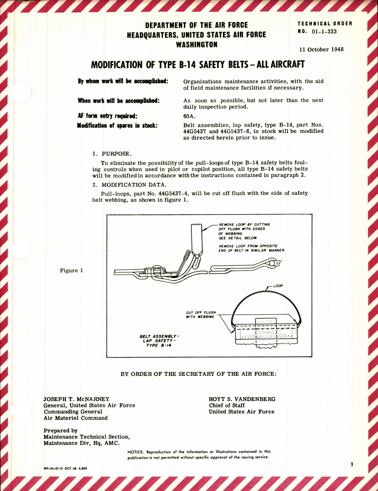 Sample page 1 from AirCorps Library document: Modification of Type B-14 Safety Belts for All Aircraft