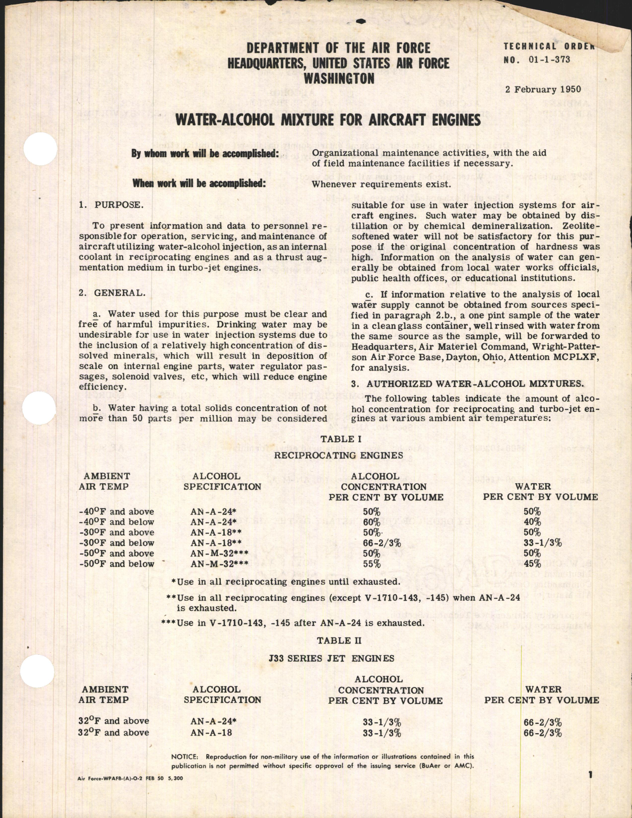 Sample page 1 from AirCorps Library document: Water-Alcohol Mixture for Aircraft Engines