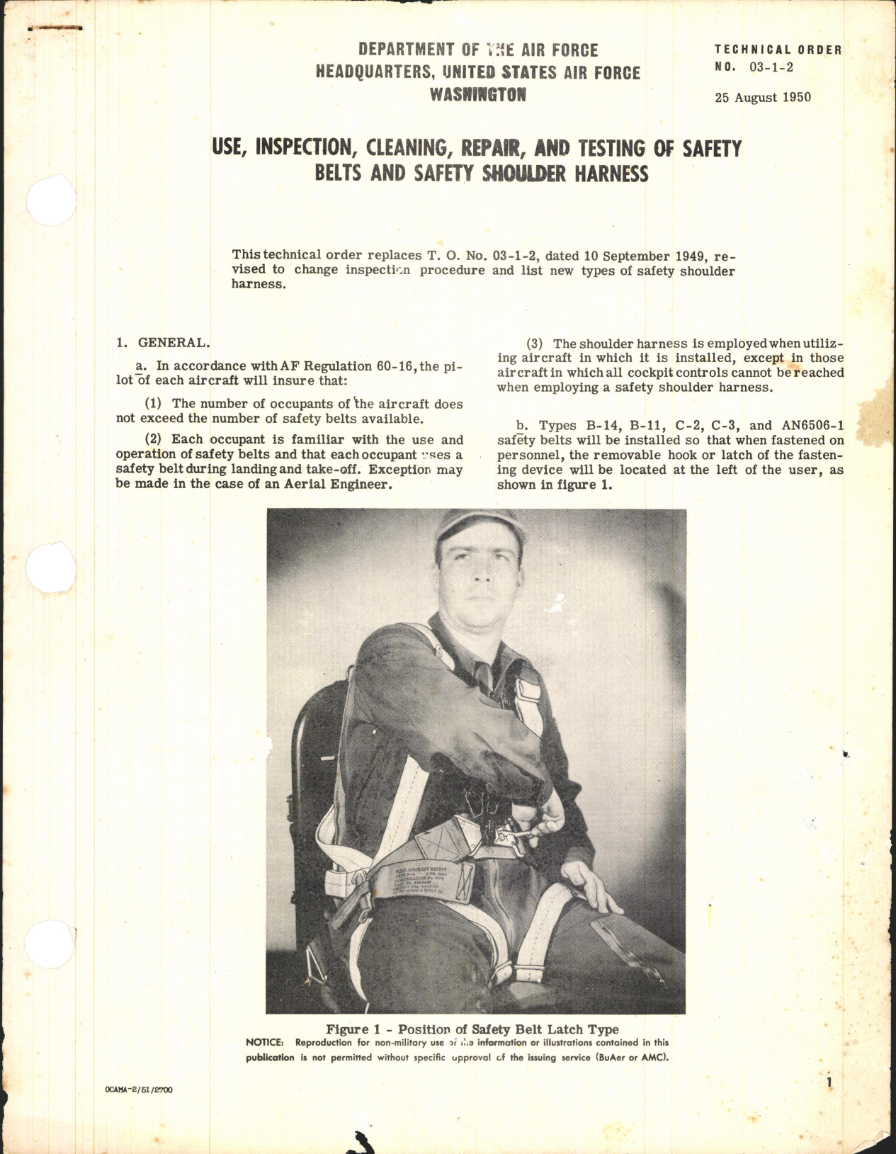 Sample page 1 from AirCorps Library document: USE, Inspection, Cleaning, Repair, and Testing of Safety Belts and Safety Shoulder Hardness