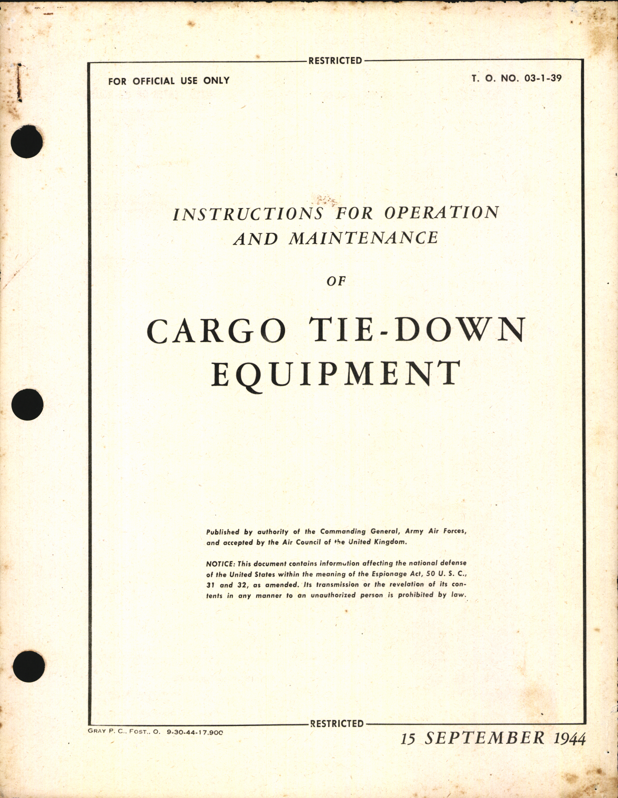 Sample page 1 from AirCorps Library document: Instructions for Operation and Maintenance of Cargo Tie-Down Equipment