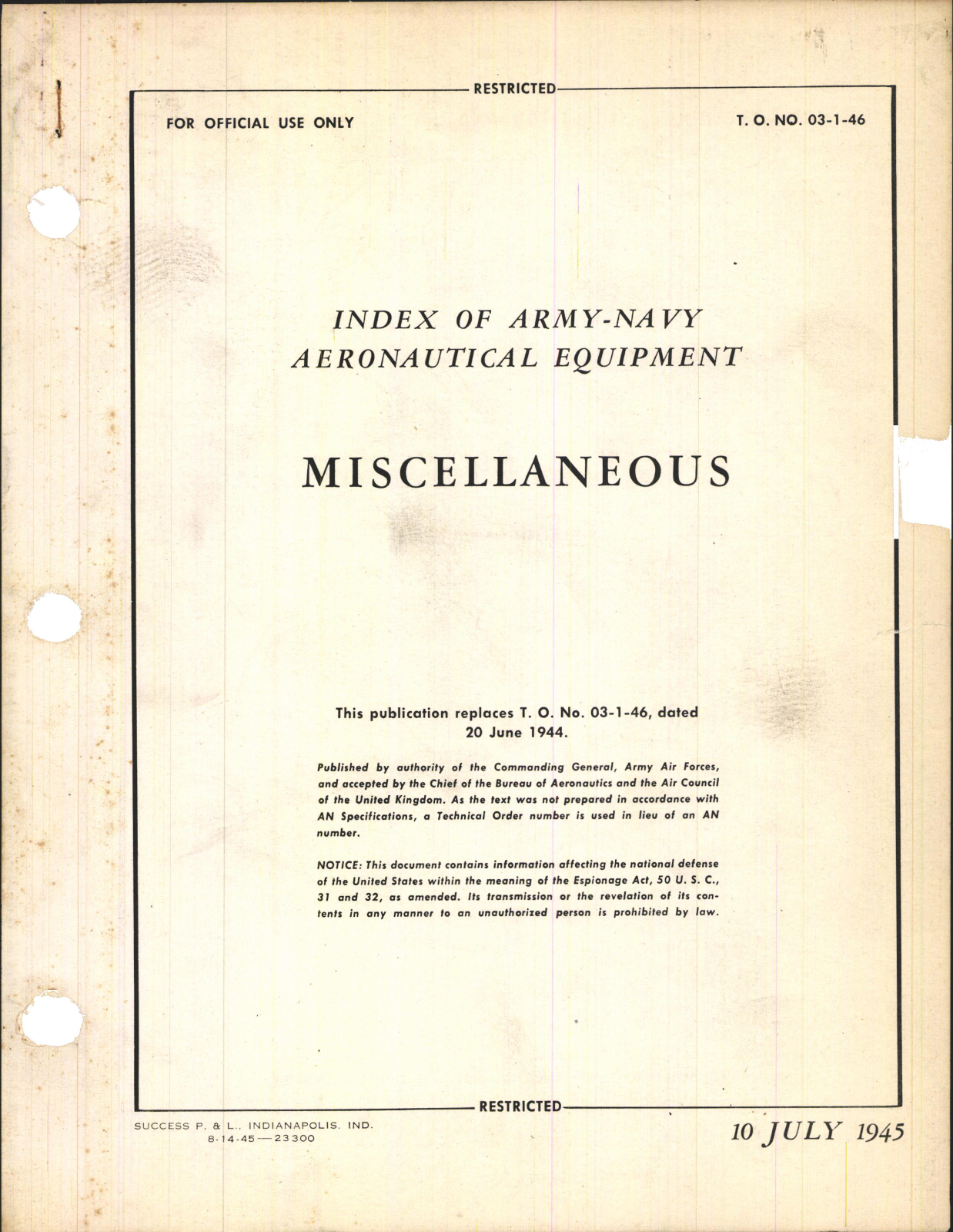 Sample page 1 from AirCorps Library document: Index of Army-Navy Aeronautical Equipment; Miscellaneous