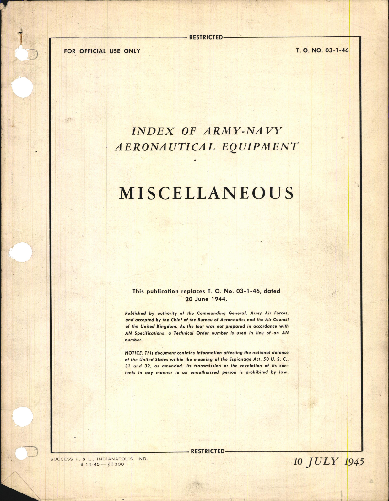 Sample page 1 from AirCorps Library document: Index of Army-Navy Miscellaneous Aeronautical Equipment 