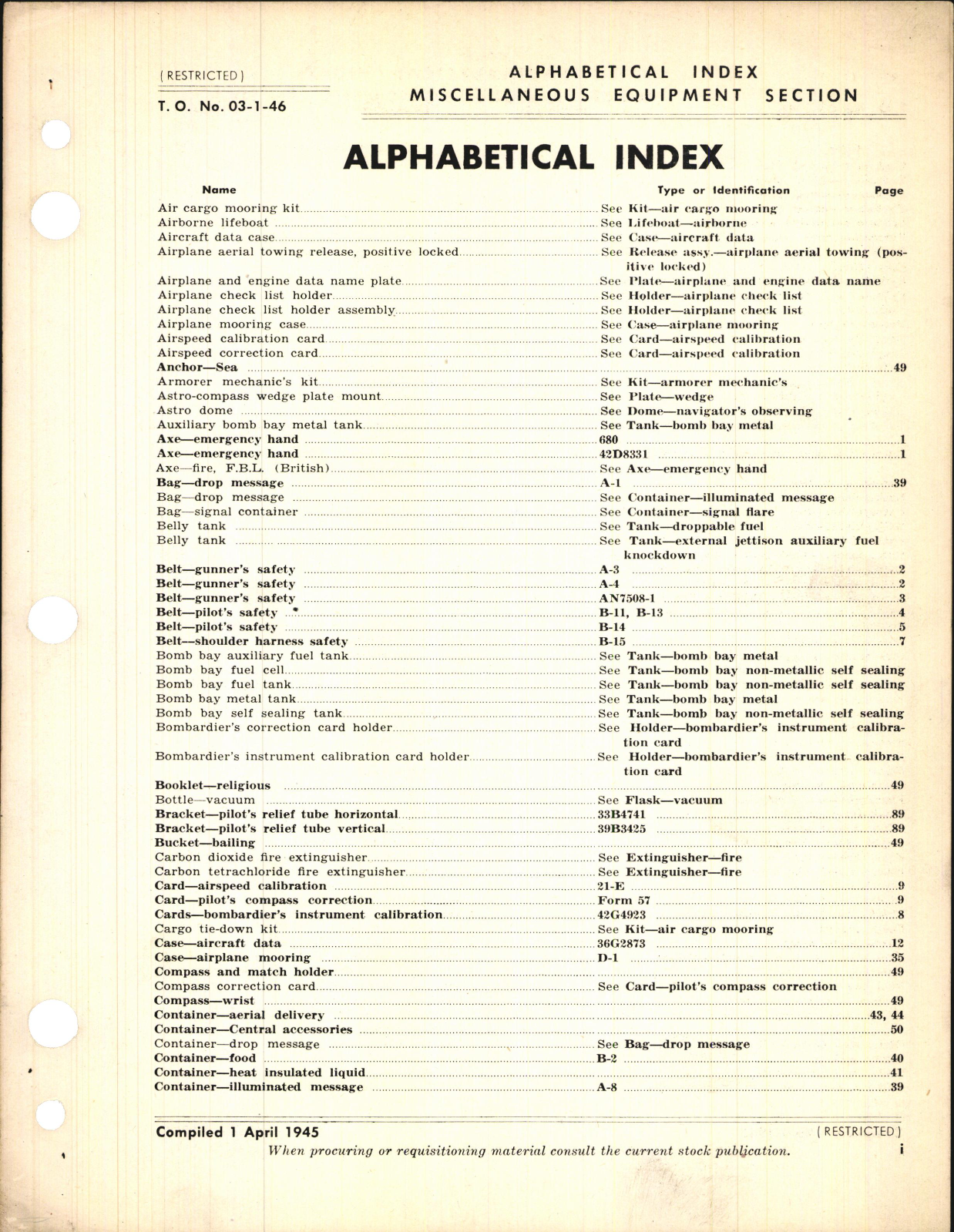 Sample page 3 from AirCorps Library document: Index of Army-Navy Miscellaneous Aeronautical Equipment 