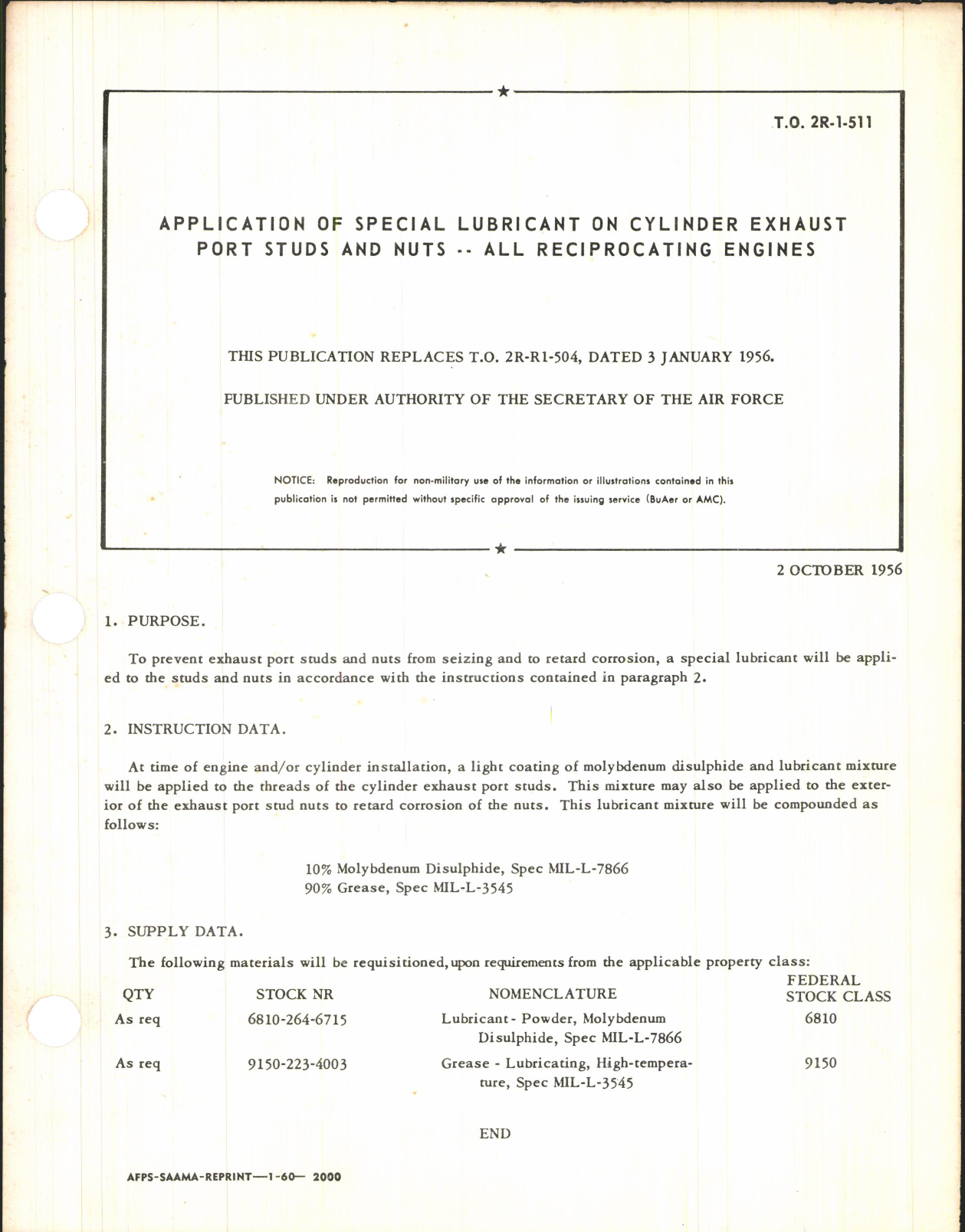 Sample page 1 from AirCorps Library document: Application of Special Lubricant on Cylinder Exhaust Port Studs and Nuts for All Reciprocating Engines