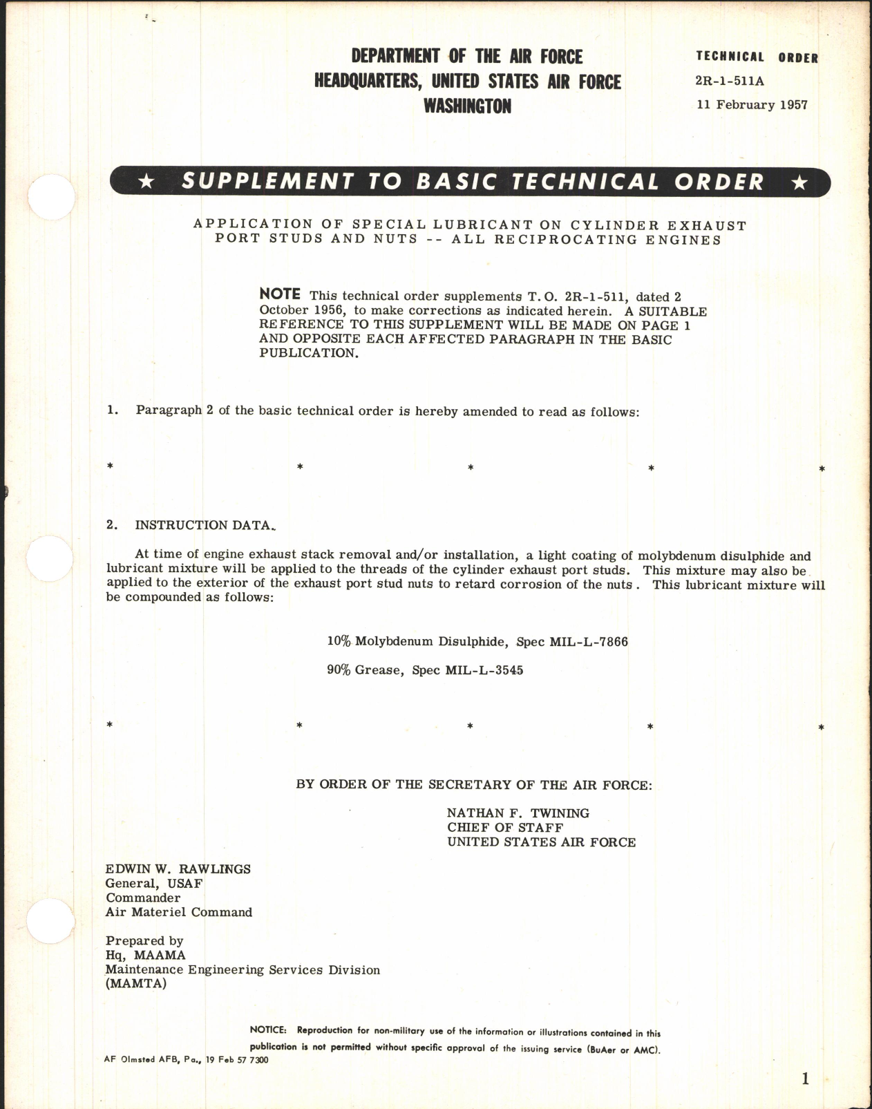 Sample page 1 from AirCorps Library document: Supplement to Basic Technical Order; Application of Special Lubricant on Cylinder Exhaust Port Studs and Nuts for All Reciprocating Engines