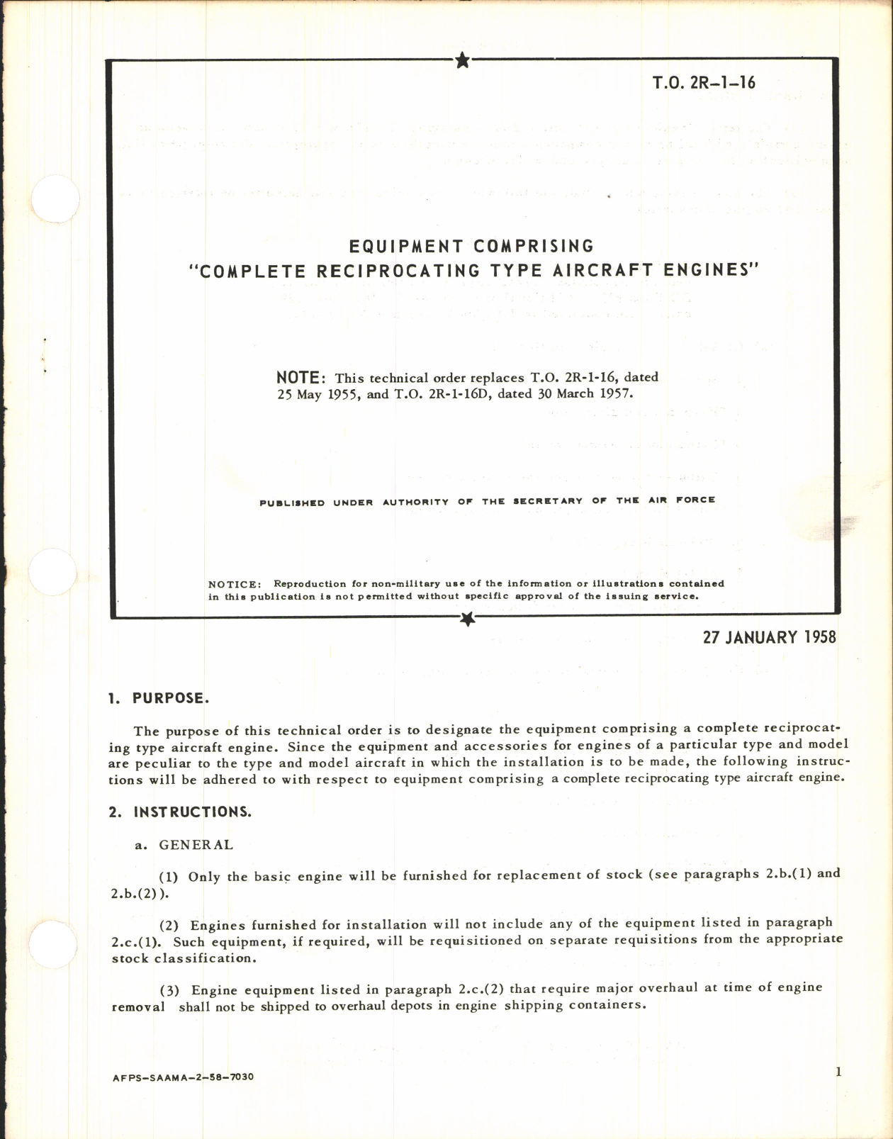 Sample page 1 from AirCorps Library document: Equipment Comprising Complete Reciprocating Type Aircraft Engines