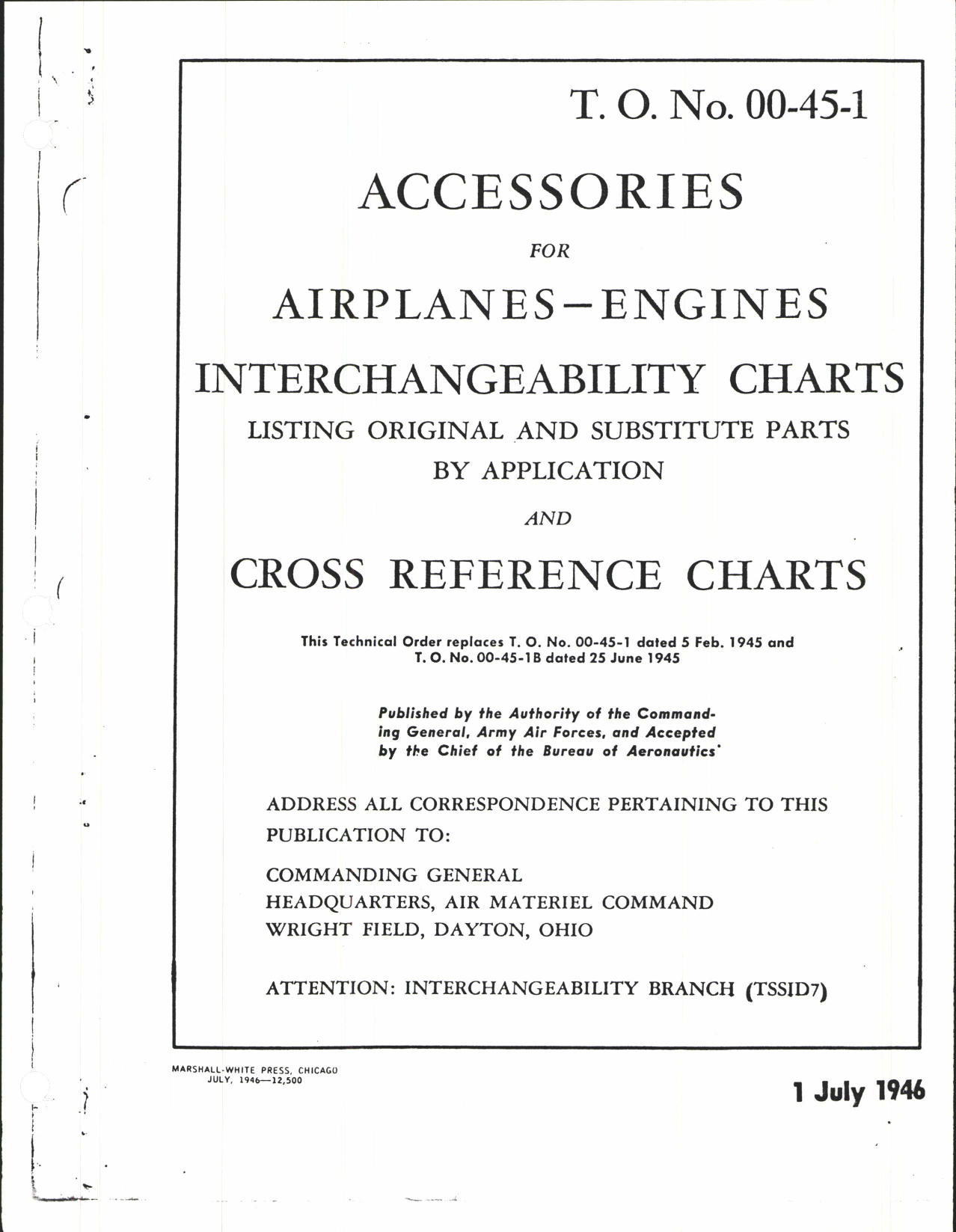 Sample page 1 from AirCorps Library document: Accessories for Airplanes; Engines Interchangeability Charts Listing Original and Substitute Parts by Application and Cross reference Charts