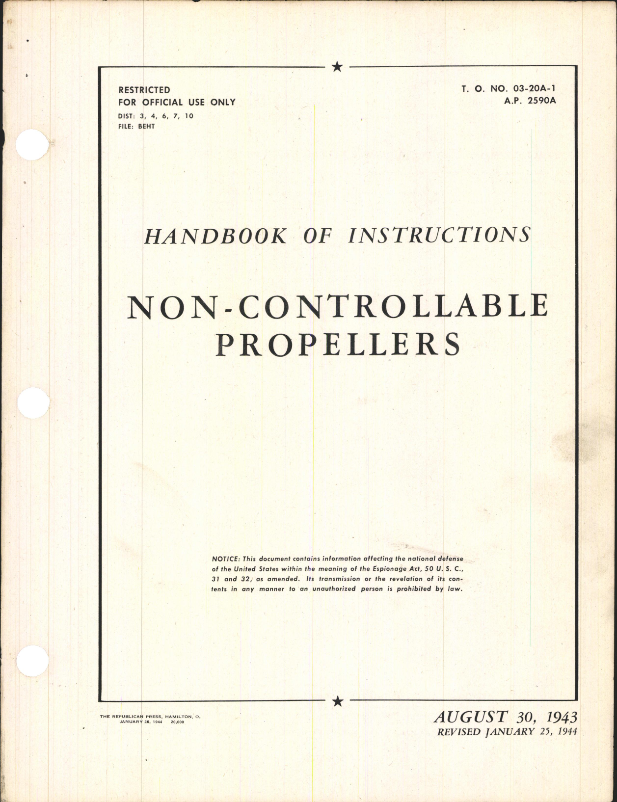 Sample page 1 from AirCorps Library document: Handbook of Instructions for Non-Controllable Propellers