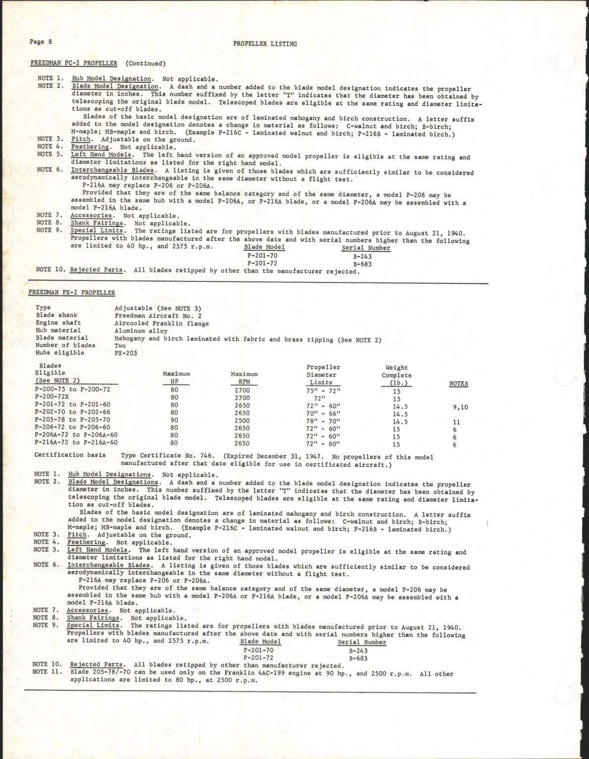 Sample page 18 from AirCorps Library document: Aircraft Propeller Listing Part II