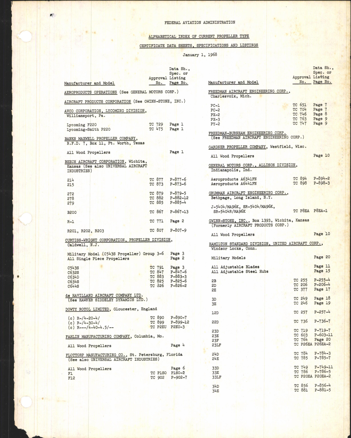 Sample page 3 from AirCorps Library document: Aircraft Propeller Listing Part II