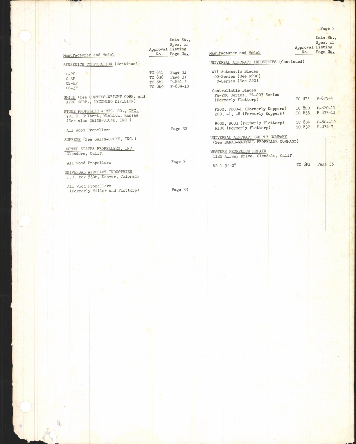Sample page 5 from AirCorps Library document: Aircraft Propeller Listing Part II