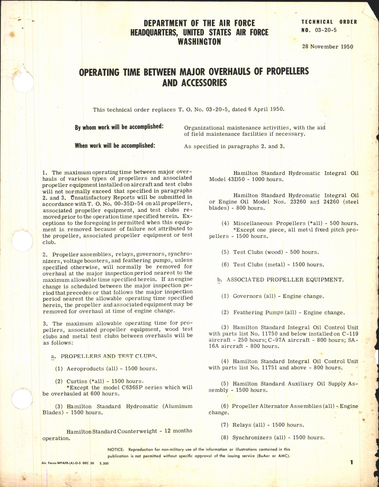 Sample page 1 from AirCorps Library document: Operating Time Between Major Overhauls of Propellers and Accessories