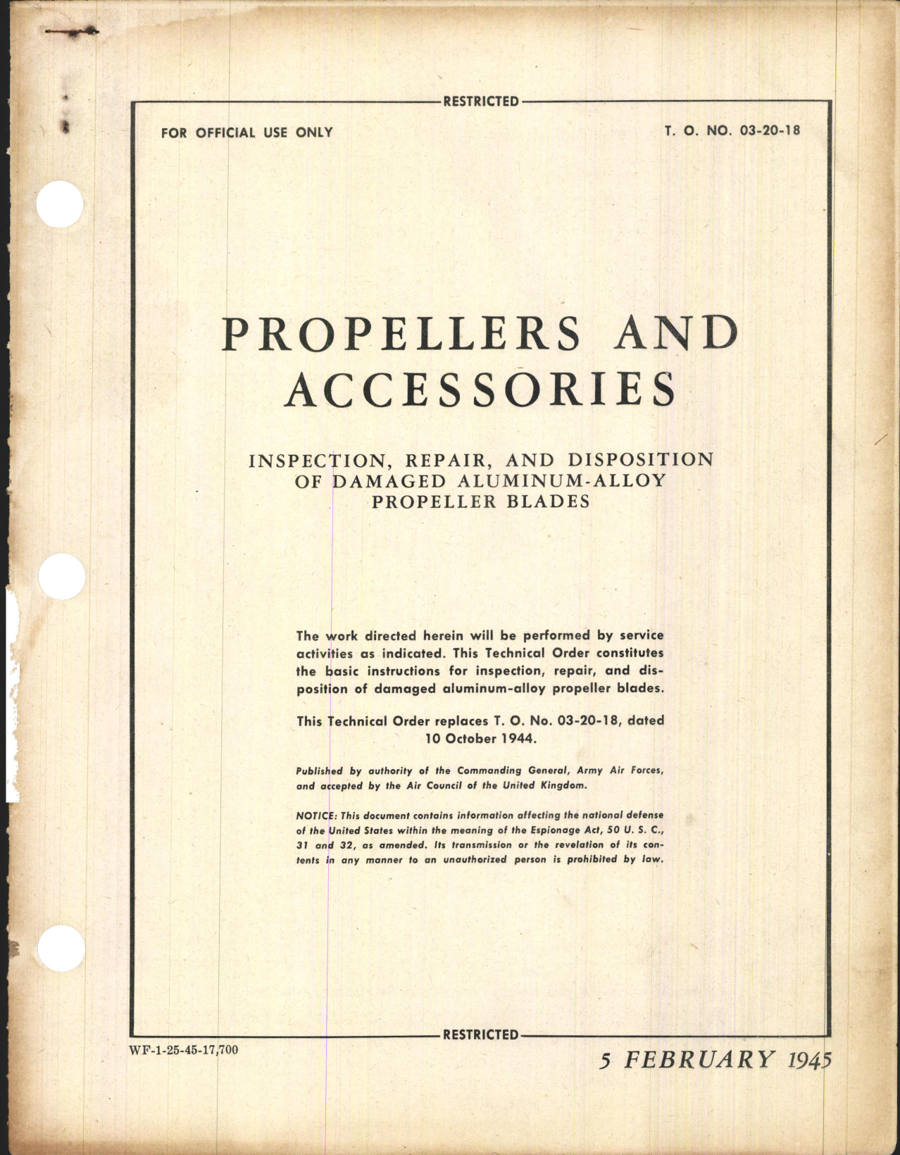 Sample page 1 from AirCorps Library document: Propellers and Accessories; Inspection, Repair, and Disposition of Damaged Aluminum-Alloy Propeller Blades