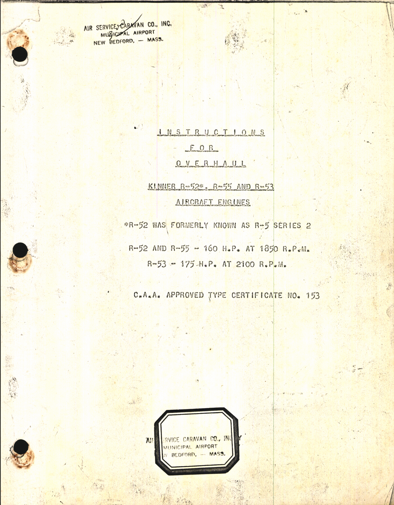 Sample page 1 from AirCorps Library document: Instructions for Overhaul for Kinner R-52, R-55, and R-53 Aircraft Engines