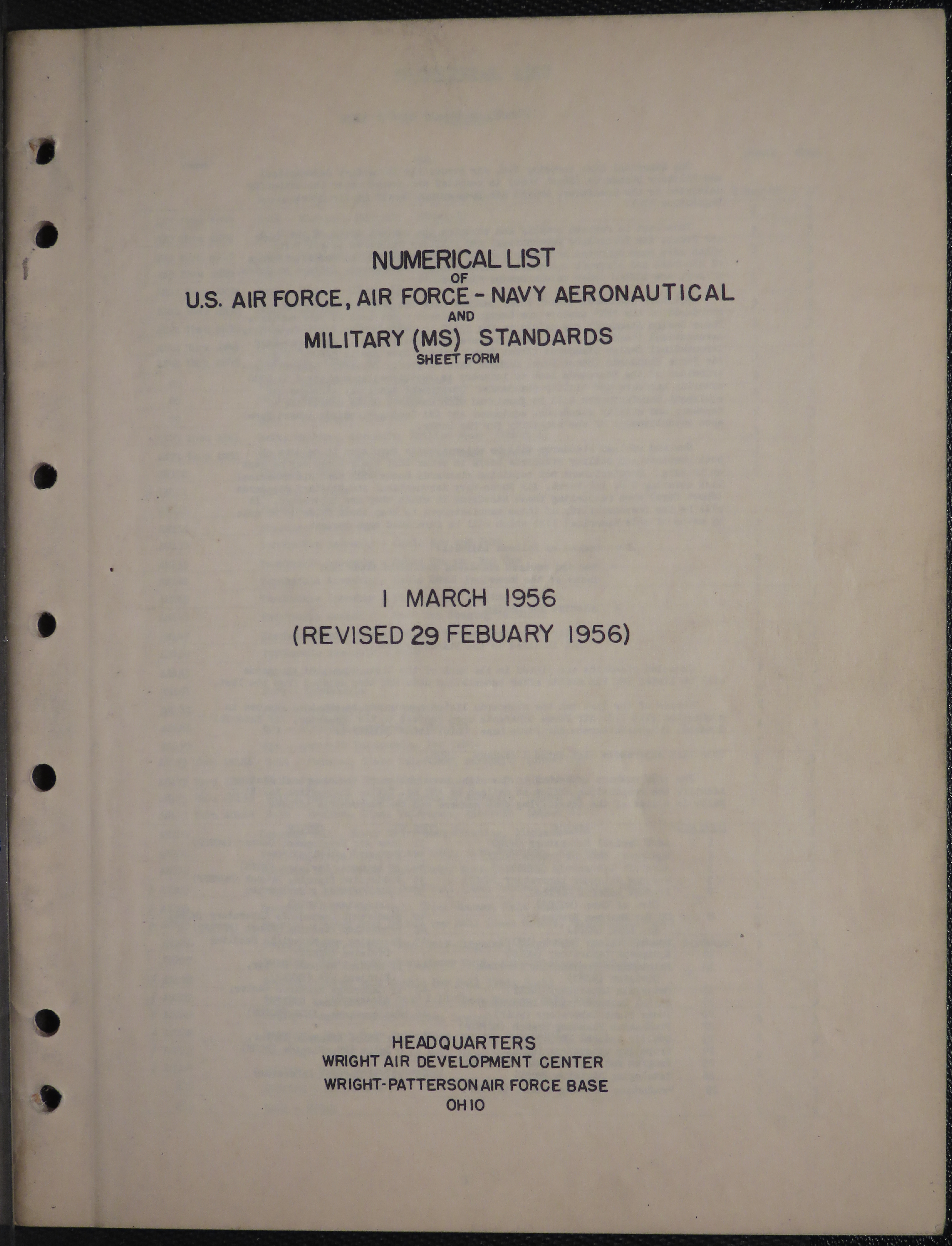 Sample page 1 from AirCorps Library document: Numerical List of US Air Force - Navy Aeronautical Military (MS) Standards