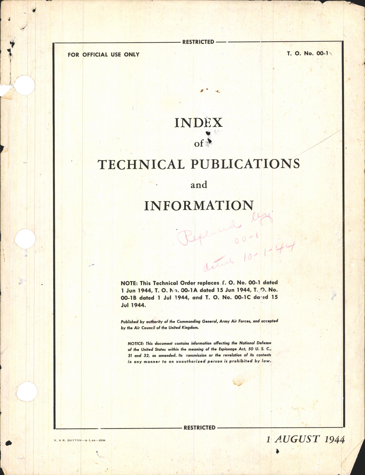 Sample page 1 from AirCorps Library document: Index of Technical Publications and Information