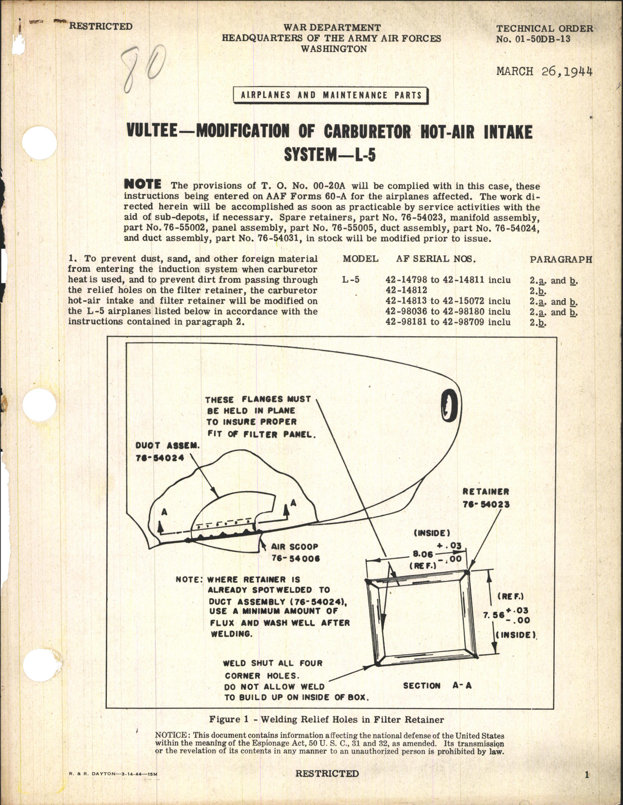 Sample page 1 from AirCorps Library document: Modification of Carburetor Hot-Air Intake System for L-5
