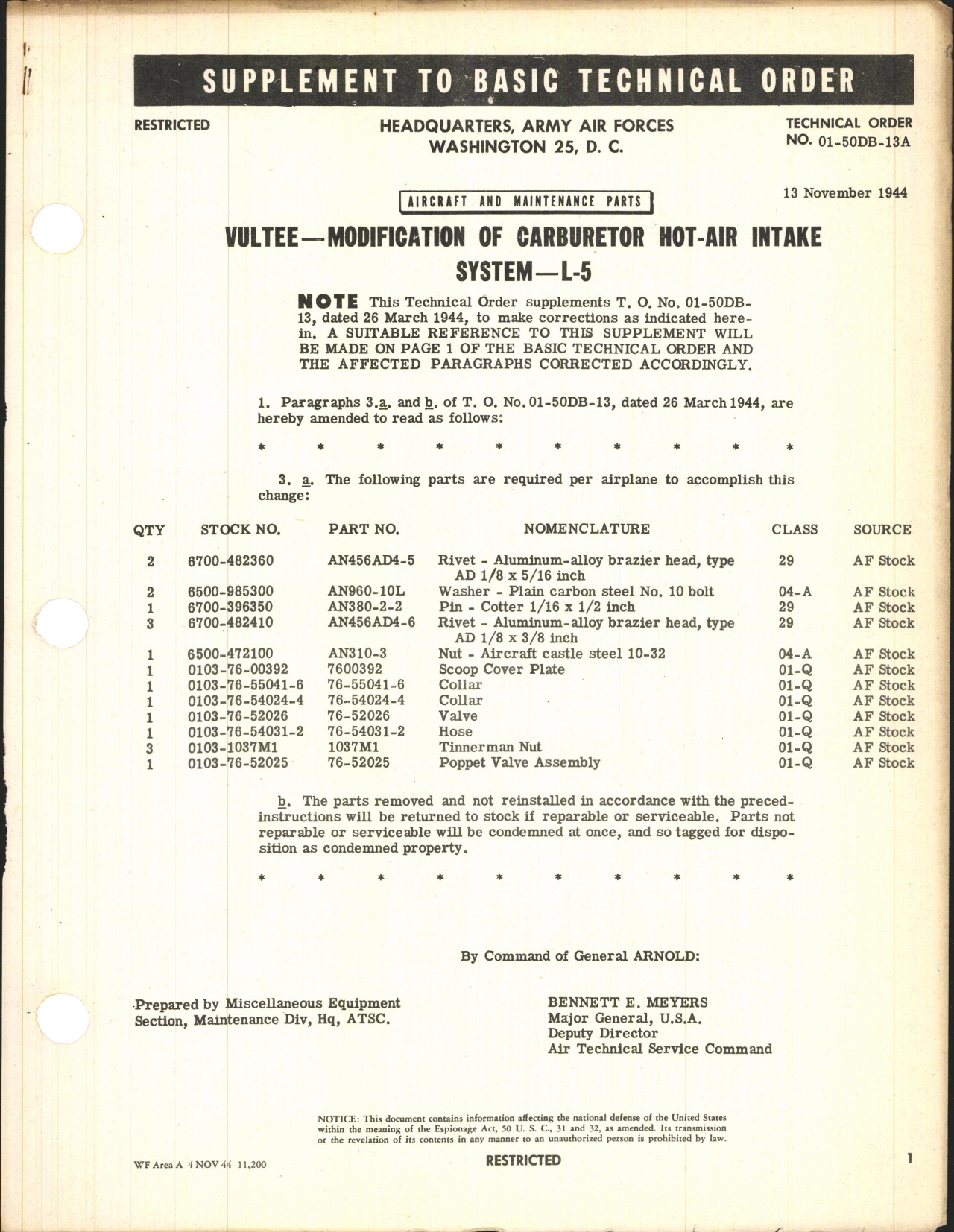 Sample page 1 from AirCorps Library document: Modification of Carburetor Hot-Air Intake System for L-5