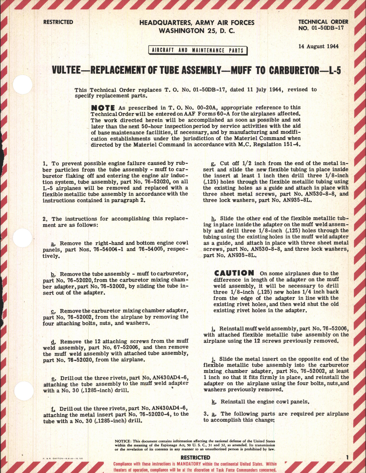 Sample page 1 from AirCorps Library document: Replacement of Muff to Carburetor Tube Assembly for L-5