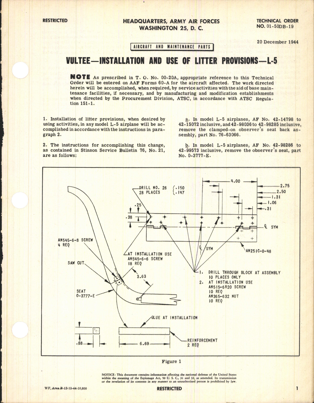 Sample page 1 from AirCorps Library document: Installation and Use of Litter Provisions for L-5