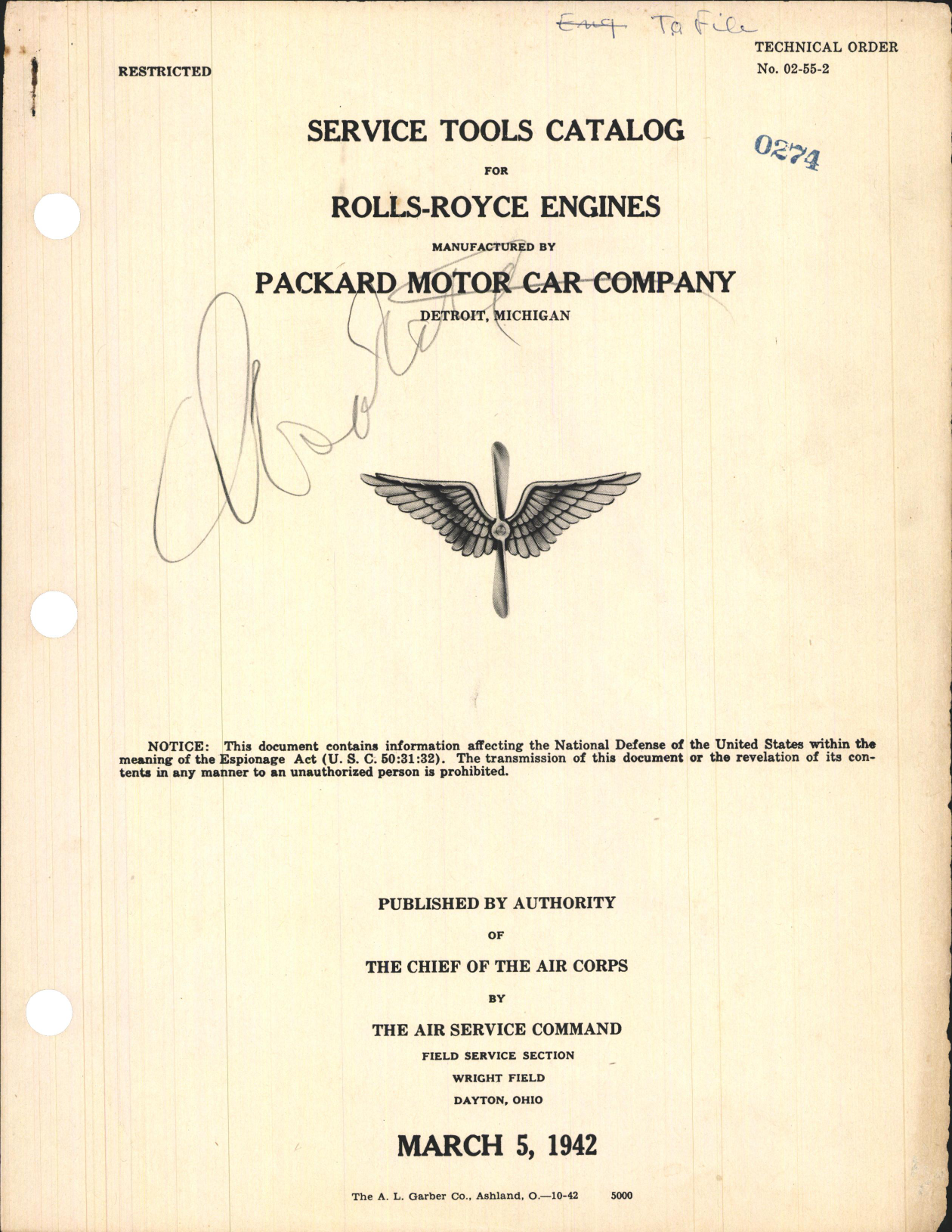Sample page 1 from AirCorps Library document: Service Tools Catalog for Rolls-Royce Engines Manufactured by Packard Motor Car Company