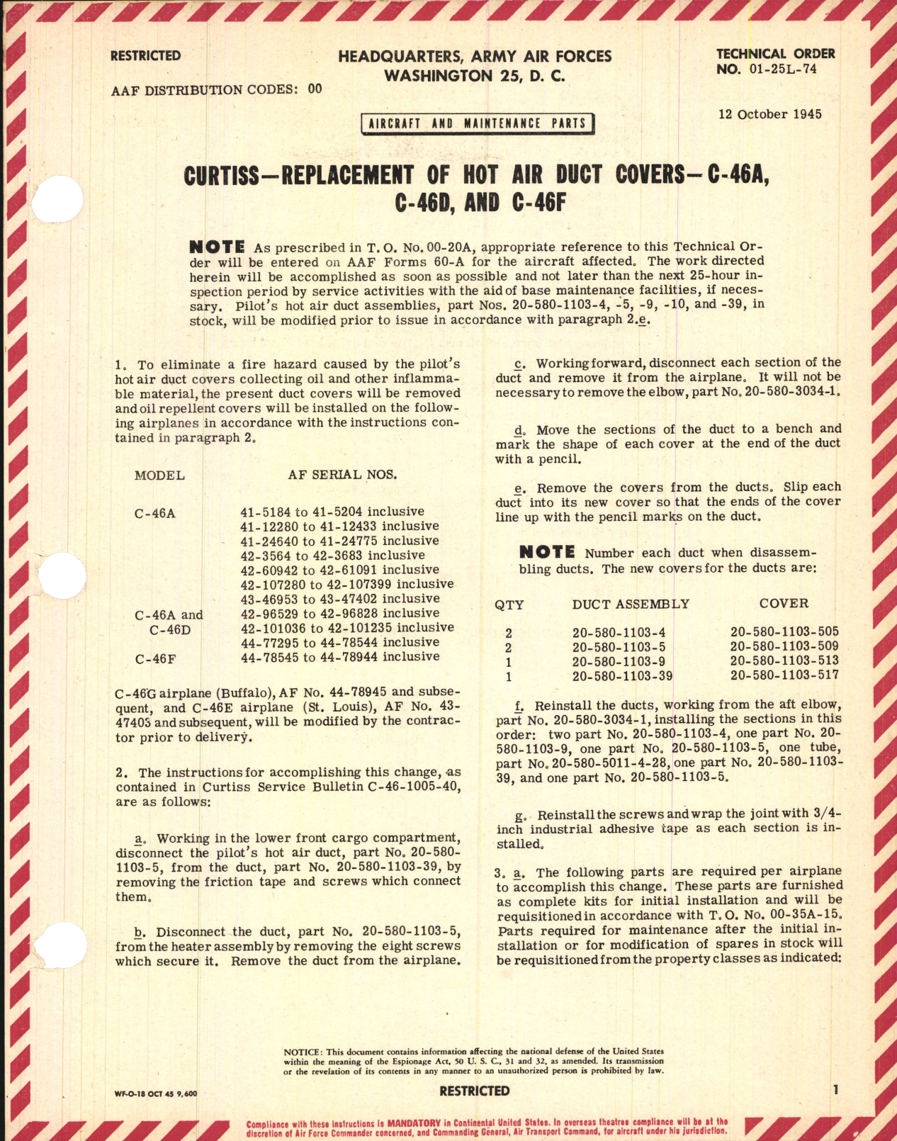 Sample page 1 from AirCorps Library document: Replacement Of Hot Air Duct Covers for C-46A, C-46D, and C-46F