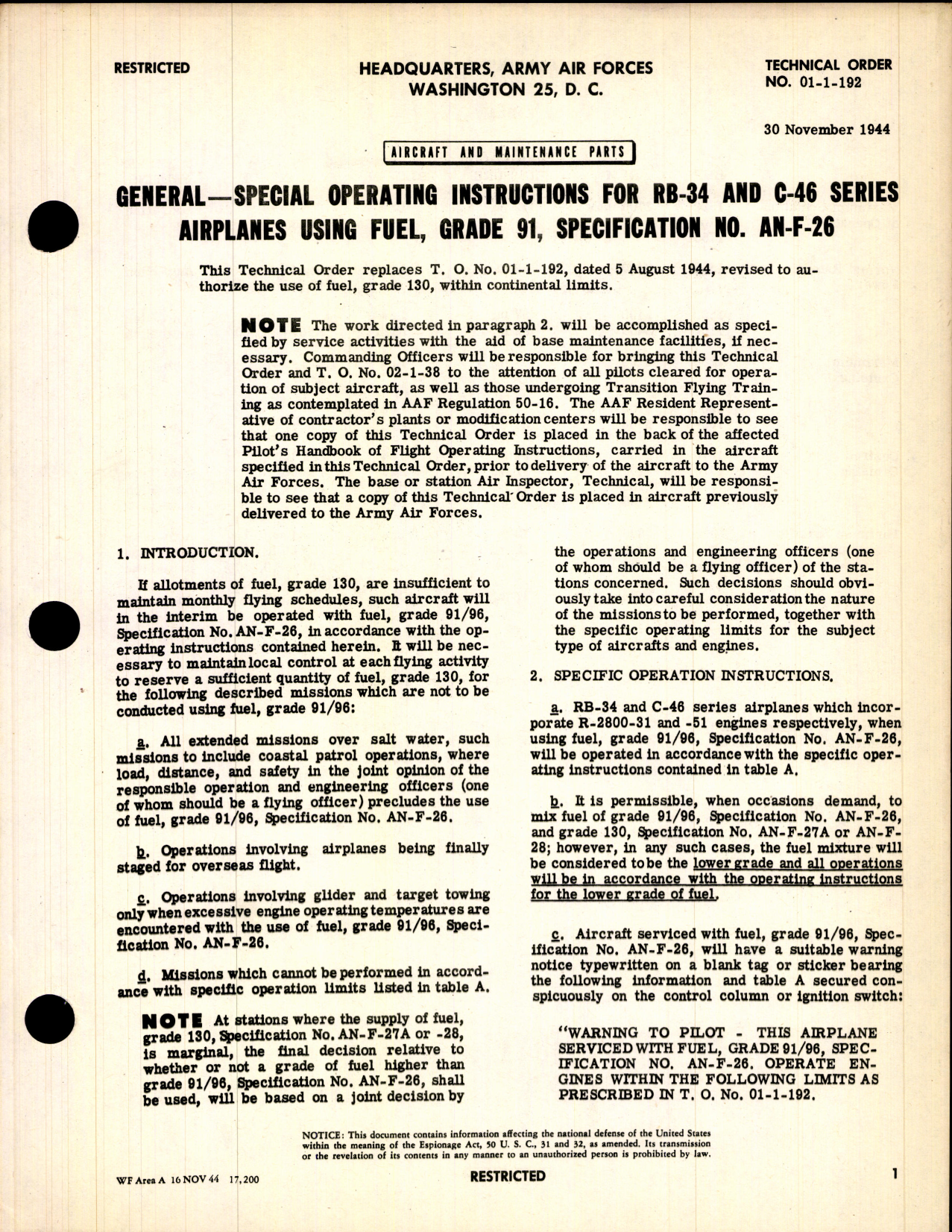 Sample page 1 from AirCorps Library document: Special Operating Instructions for RB-34 and C-46 Series Airplanes using Fuel Grade 91