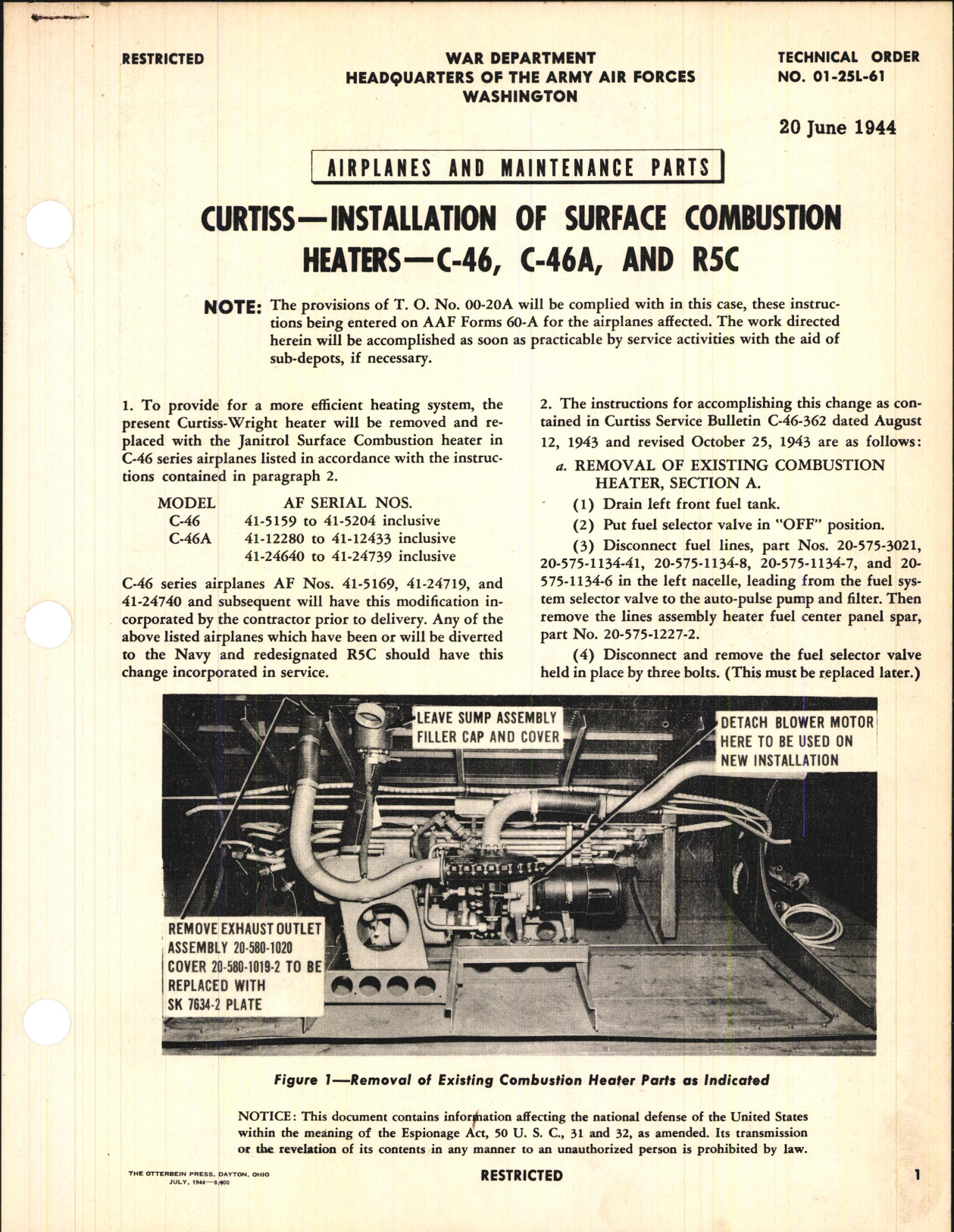 Sample page 1 from AirCorps Library document: Installation of Surface Combustion Heaters for C-46, C-46A, and R5C