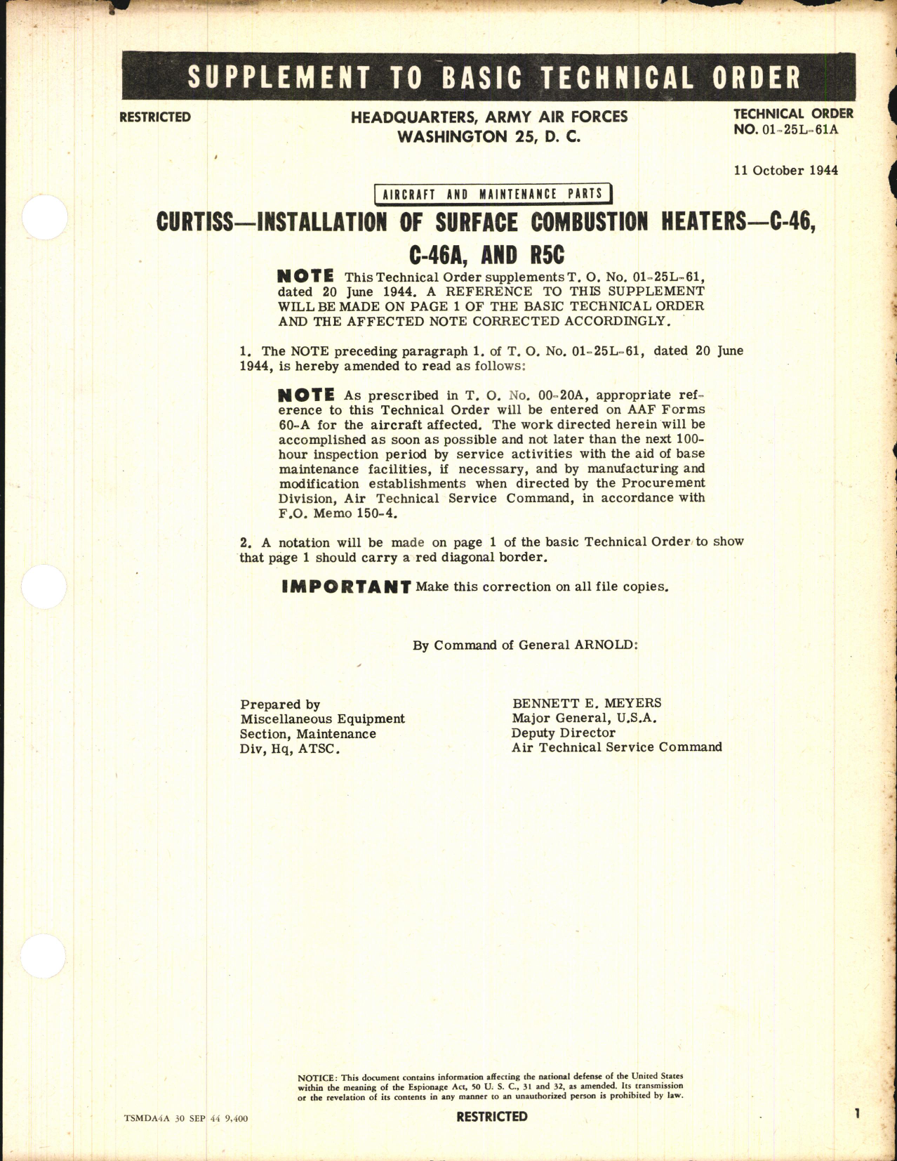 Sample page 1 from AirCorps Library document: Installation of Surface Combustion Heaters for C-46, C-46A, and R5C