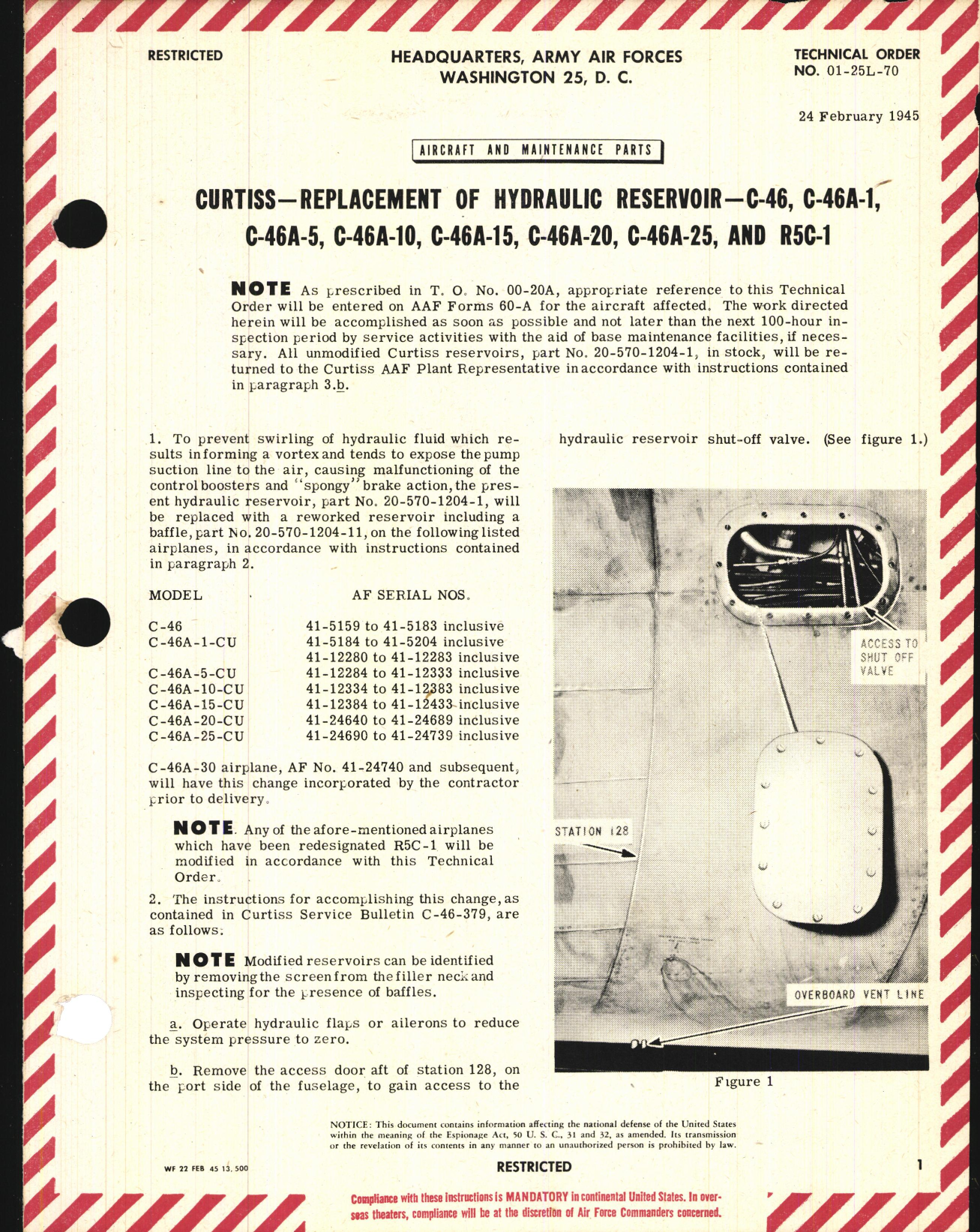 Sample page 1 from AirCorps Library document: Replacement of Hydraulic Reservoir for C-46, C-46A-1, -5, -10, -15, -20, and R5C-1