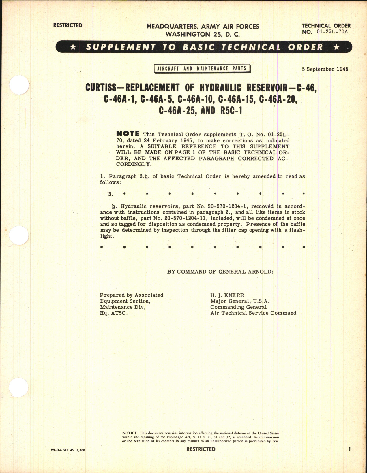 Sample page 1 from AirCorps Library document: Replacement of Hydraulic Reservoir for C-46, C-46A-1, -5, -10, -15, -20, and R5C-1