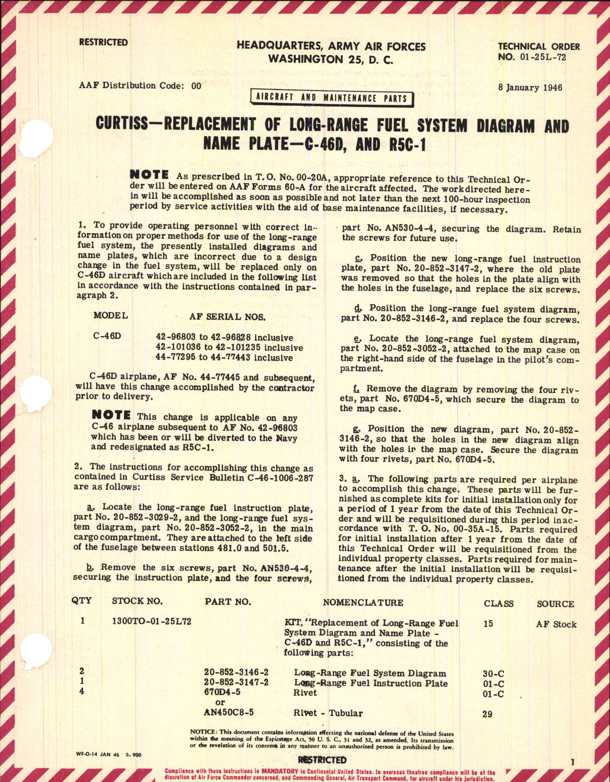 Sample page 1 from AirCorps Library document: Replacement of Long-Range Fuel System Diagram and Name Plate for C-46D and R5C-1